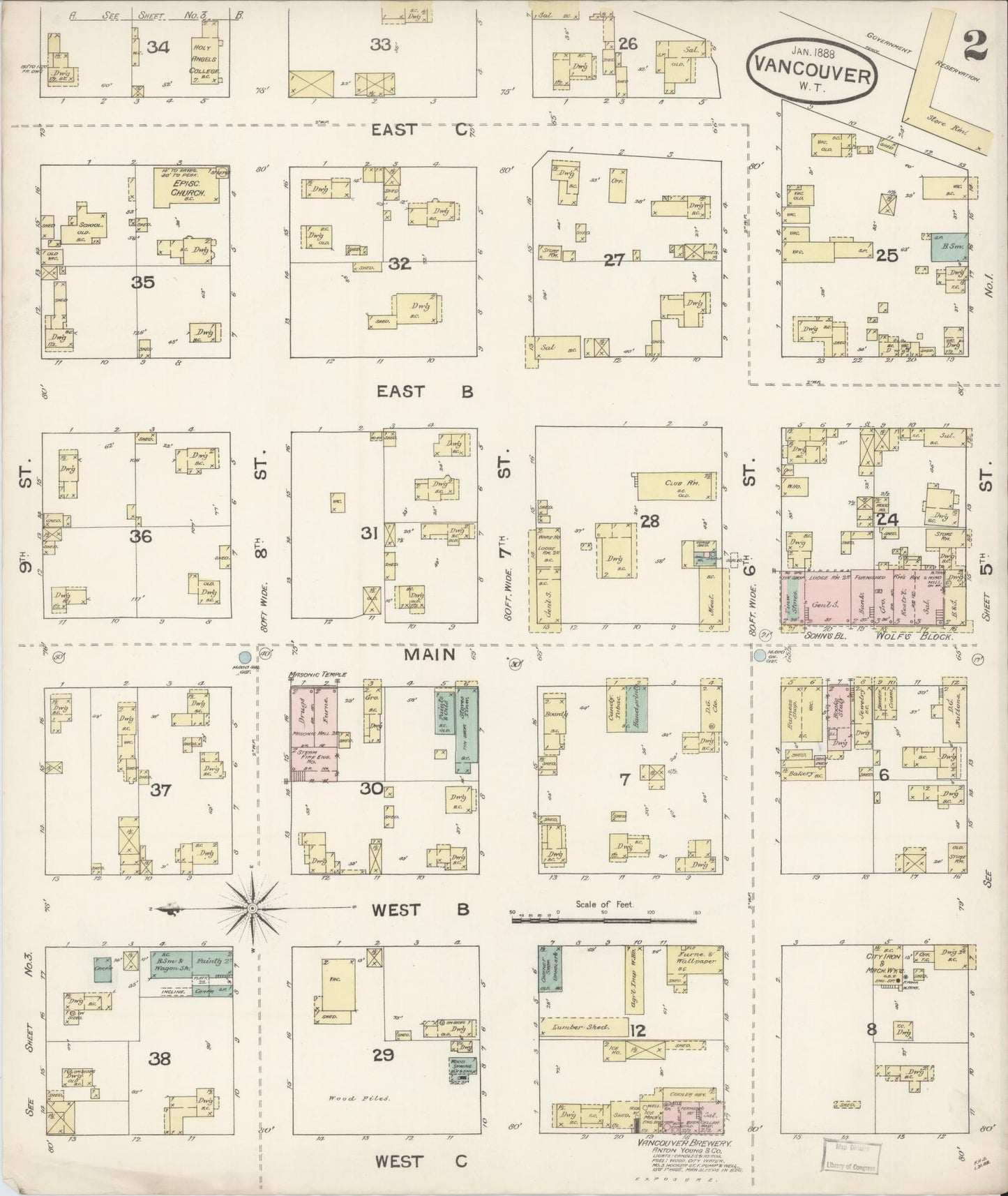 Sanborn Fire Insurance Map from Vancouver, Clark County, Washington (1888), Sheet #0002 - Historic Sanborn Fire Insurance Map Print, vintage old map wall art, antique decor, genealogy gift, Washington Washington map