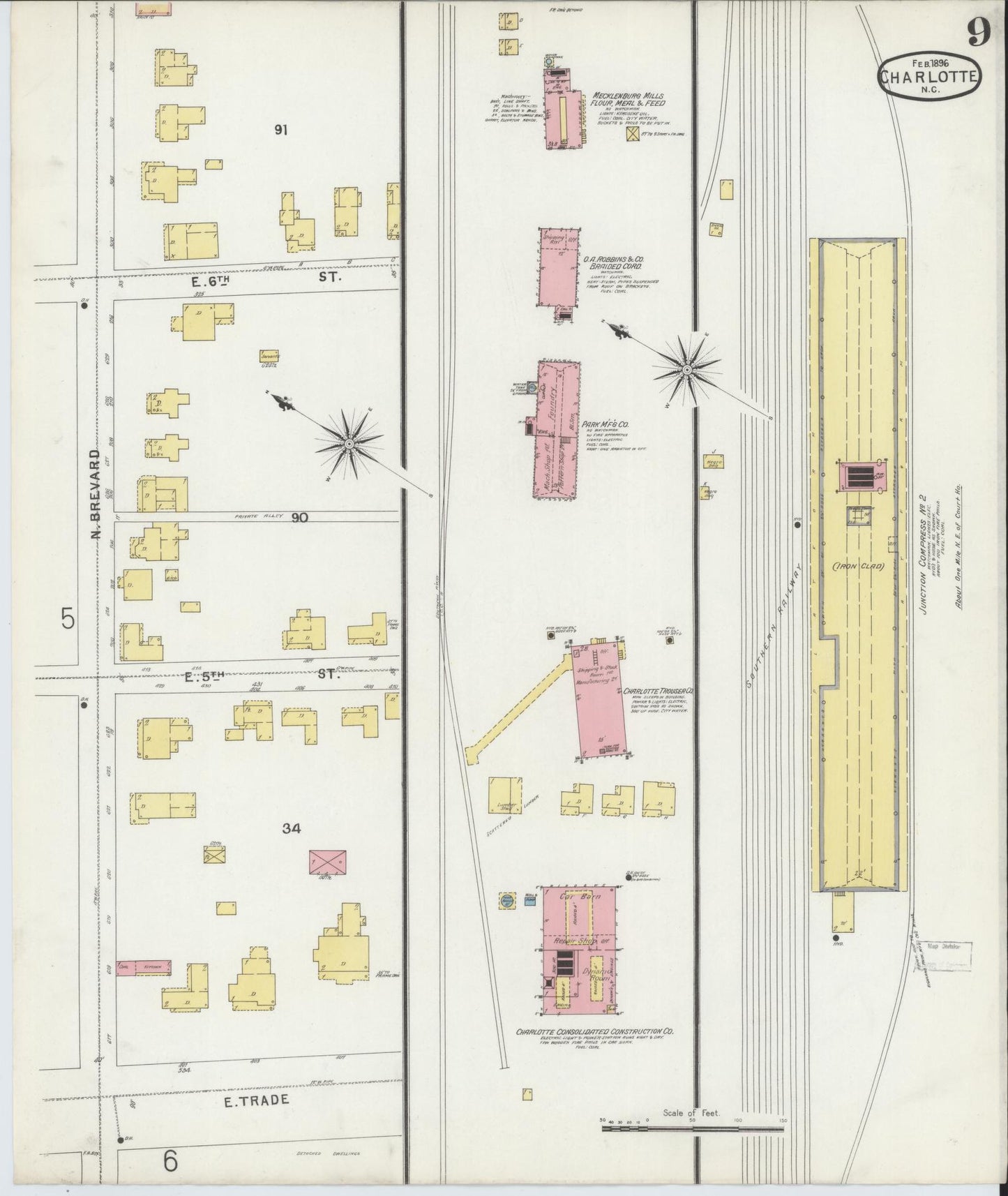 Sanborn Fire Insurance Map from Charlotte, Mecklenburg County, North Carolina (1896), Sheet #0009 - Historic Sanborn Fire Insurance Map Print, vintage old map wall art, antique decor, genealogy gift, North Carolina North Carolina map
