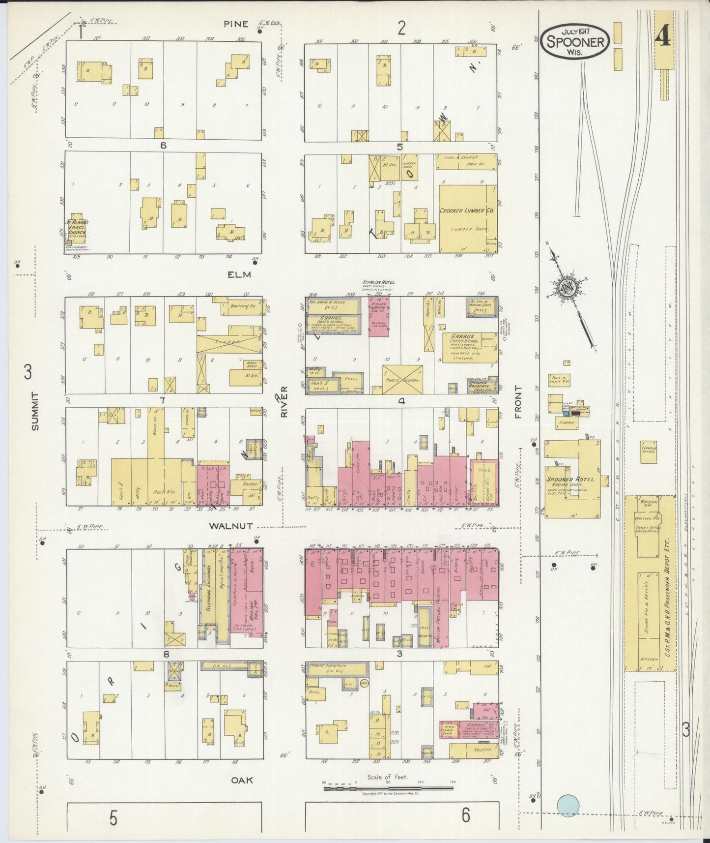 Sanborn Fire Insurance Map from Spooner, Washburn County, Wisconsin (1917), Sheet #0004 - Historic Sanborn Fire Insurance Map Print, vintage old map wall art, antique decor, genealogy gift, Wisconsin Wisconsin map