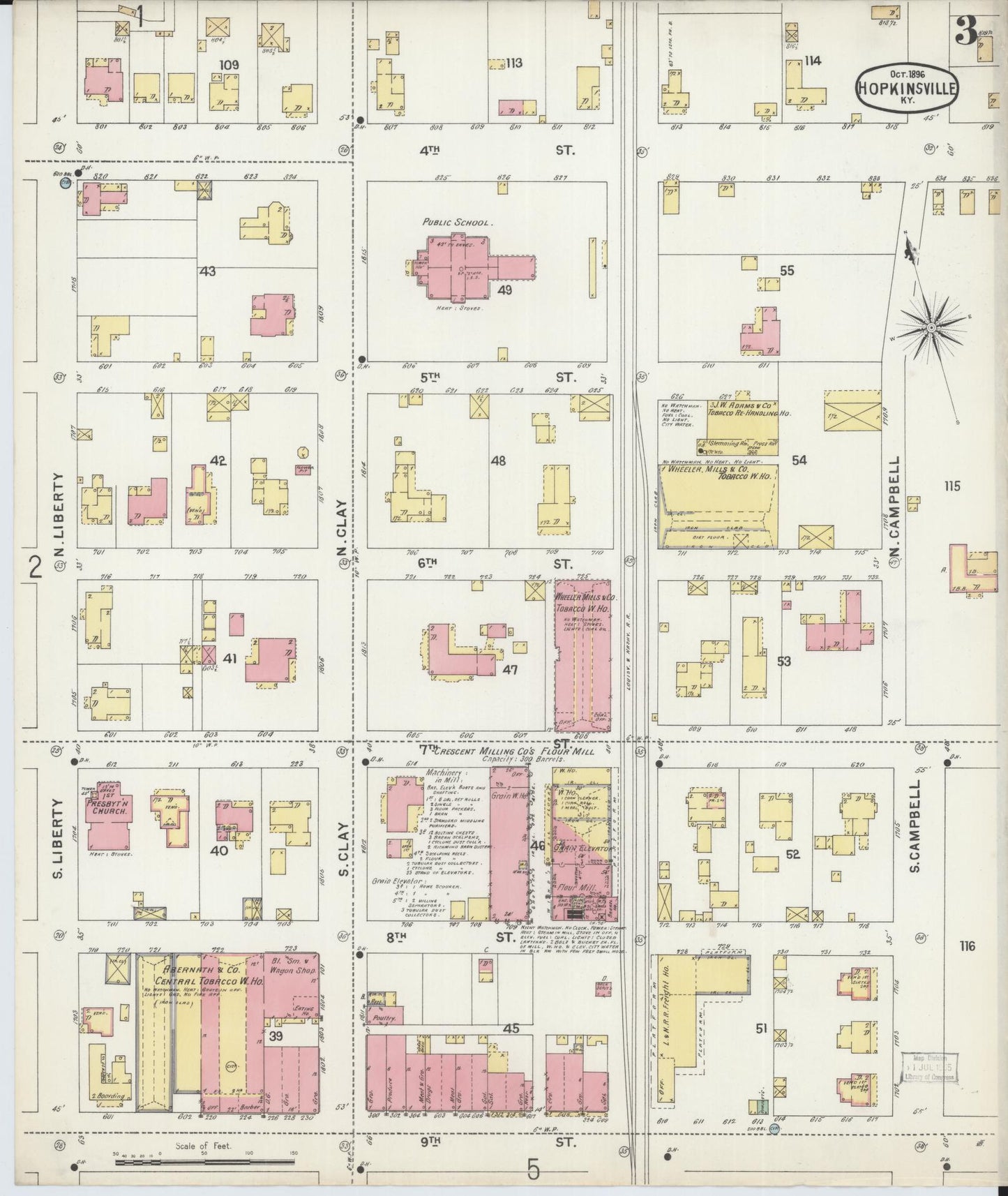 Sanborn Fire Insurance Map from Hopkinsville, Christian County, Kentucky (1896), Sheet #0003 - Historic Sanborn Fire Insurance Map Print, vintage old map wall art, antique decor, genealogy gift, Kentucky Kentucky map