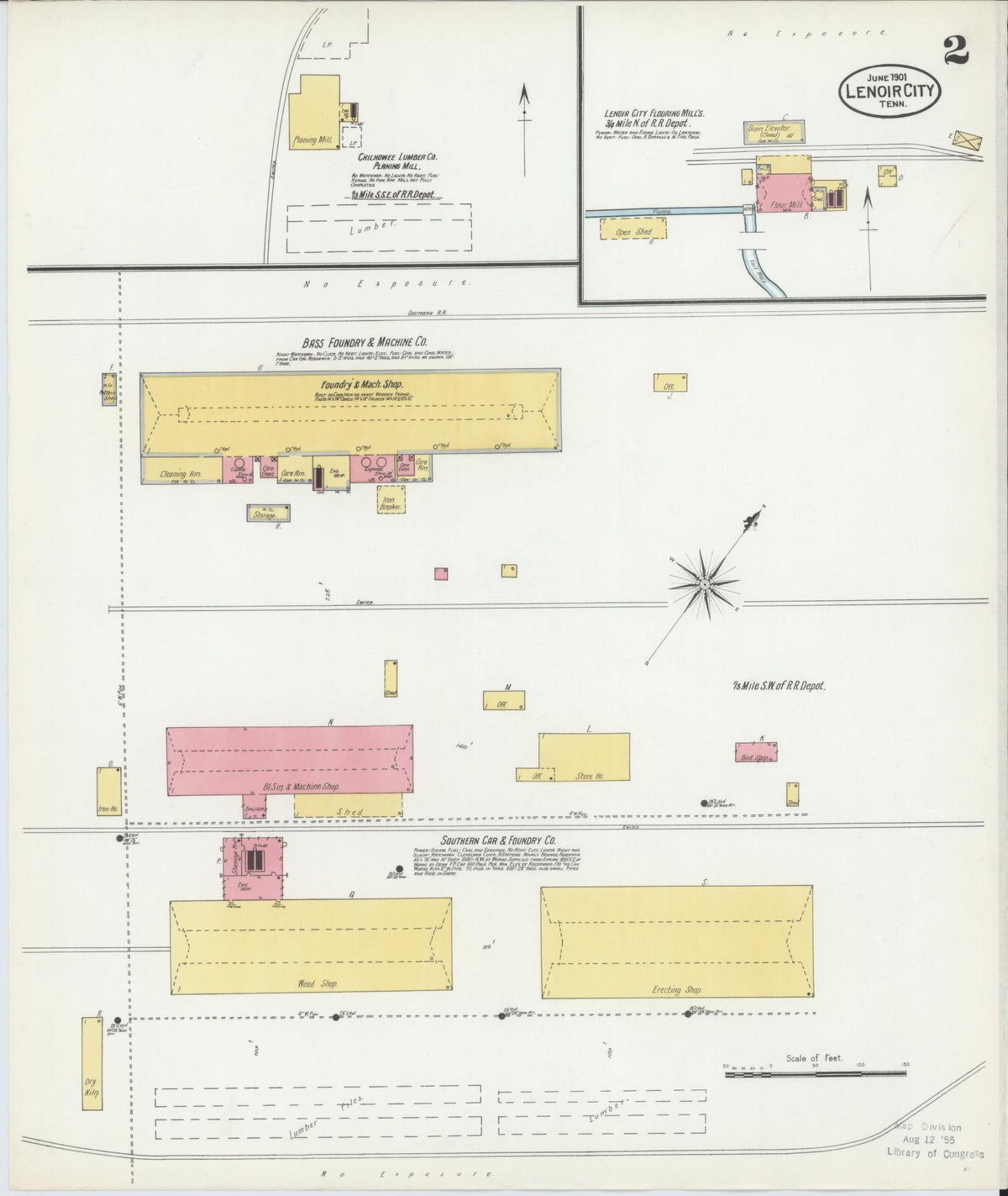Sanborn Fire Insurance Map from Lenoir City, Loudon County, Tennessee (1901), Sheet #0002 - Historic Sanborn Fire Insurance Map Print, vintage old map wall art, antique decor, genealogy gift, Tennessee Tennessee map