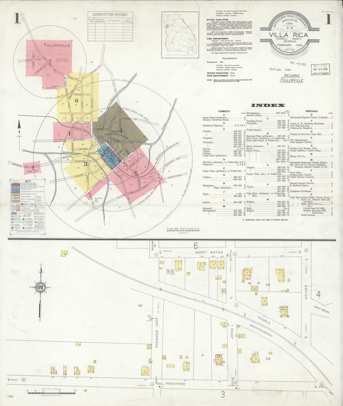 Sanborn Fire Insurance Map from Villa Rica, Carroll County, Georgia (1933), Sheet #0001 - Historic Sanborn Fire Insurance Map Print, vintage old map wall art, antique decor, genealogy gift, Georgia Georgia map