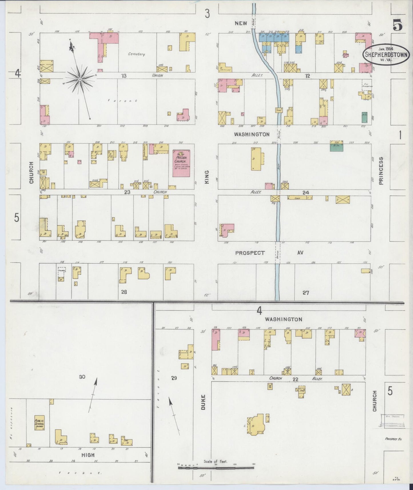 Sanborn Fire Insurance Map from Shepherdstown, Jefferson County, West Virginia (1904), Sheet #0005 - Historic Sanborn Fire Insurance Map Print, vintage old map wall art, antique decor, genealogy gift, West Virginia West Virginia map