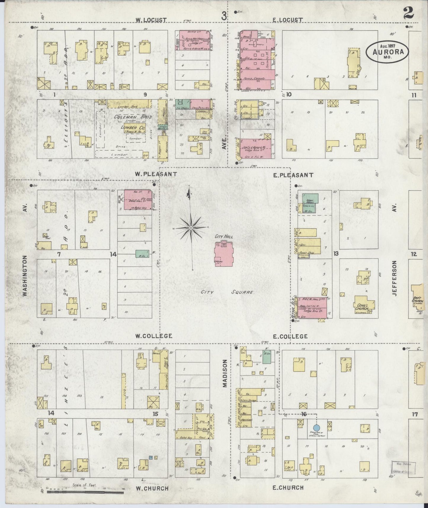 Sanborn Fire Insurance Map from Aurora, Lawrence County, Missouri (1897), Sheet #0002 - Historic Sanborn Fire Insurance Map Print, vintage old map wall art, antique decor, genealogy gift, Missouri Missouri map