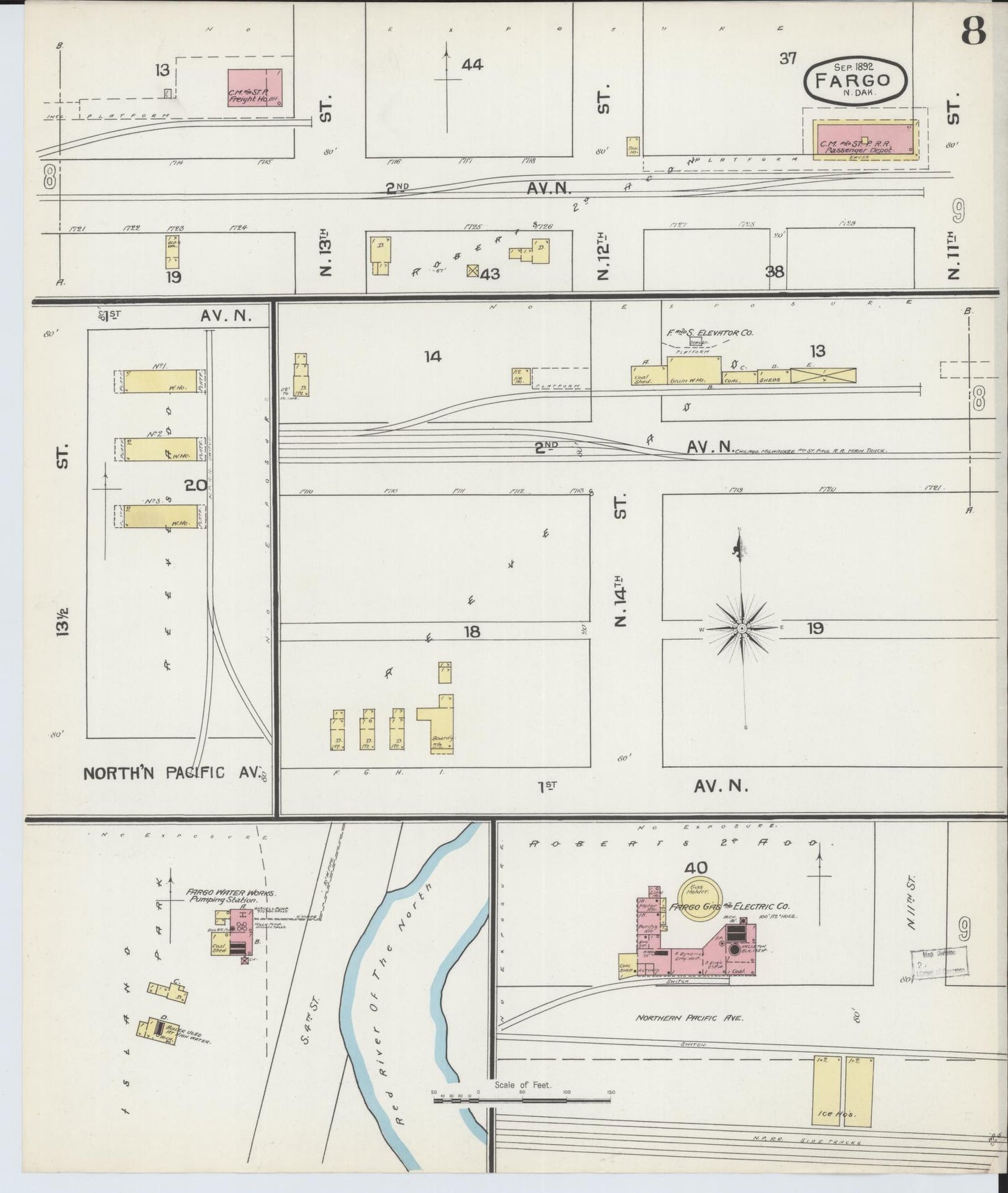 Sanborn Fire Insurance Map from Fargo, Cass County, North Dakota (1892), Sheet #0008 - Historic Sanborn Fire Insurance Map Print, vintage old map wall art, antique decor, genealogy gift, North Dakota North Dakota map