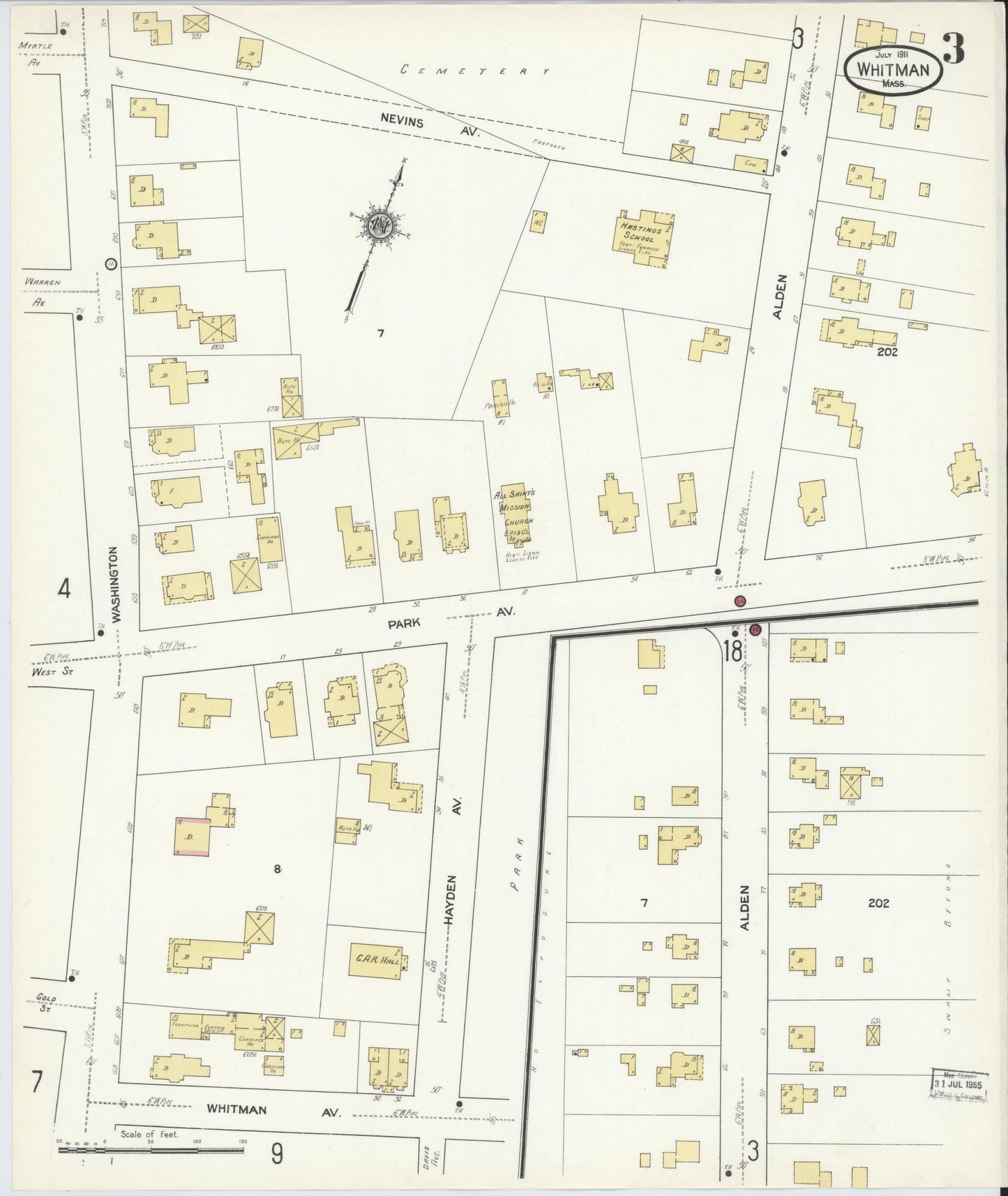 Sanborn Fire Insurance Map from Whitman, Plymouth County, Massachusetts (1911), Sheet #0003 - Historic Sanborn Fire Insurance Map Print, vintage old map wall art, antique decor, genealogy gift, Massachusetts Massachusetts map