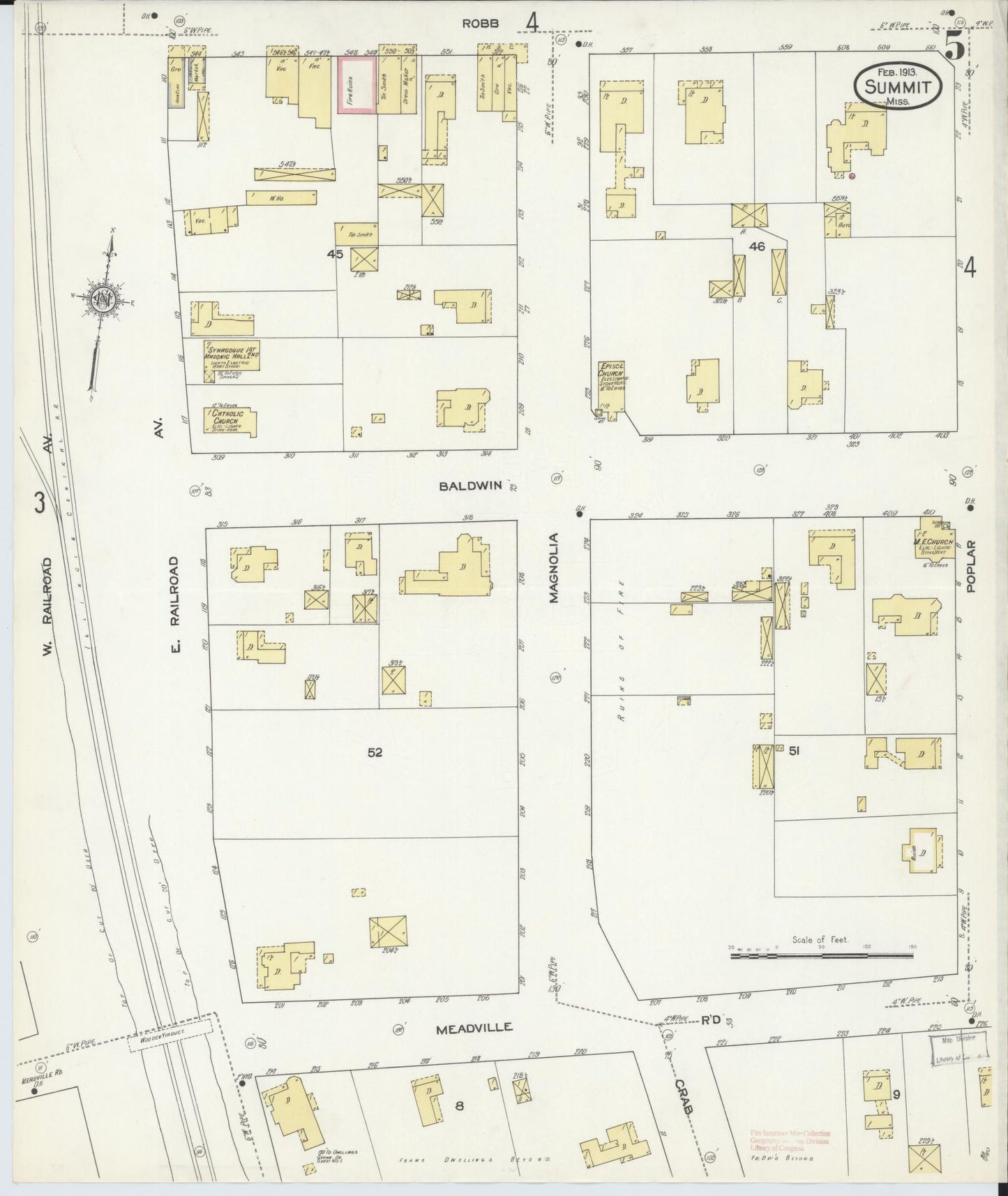 Sanborn Fire Insurance Map from Summit, Pike County, Mississippi (1913), Sheet #0005 - Historic Sanborn Fire Insurance Map Print, vintage old map wall art, antique decor, genealogy gift, Mississippi Mississippi map