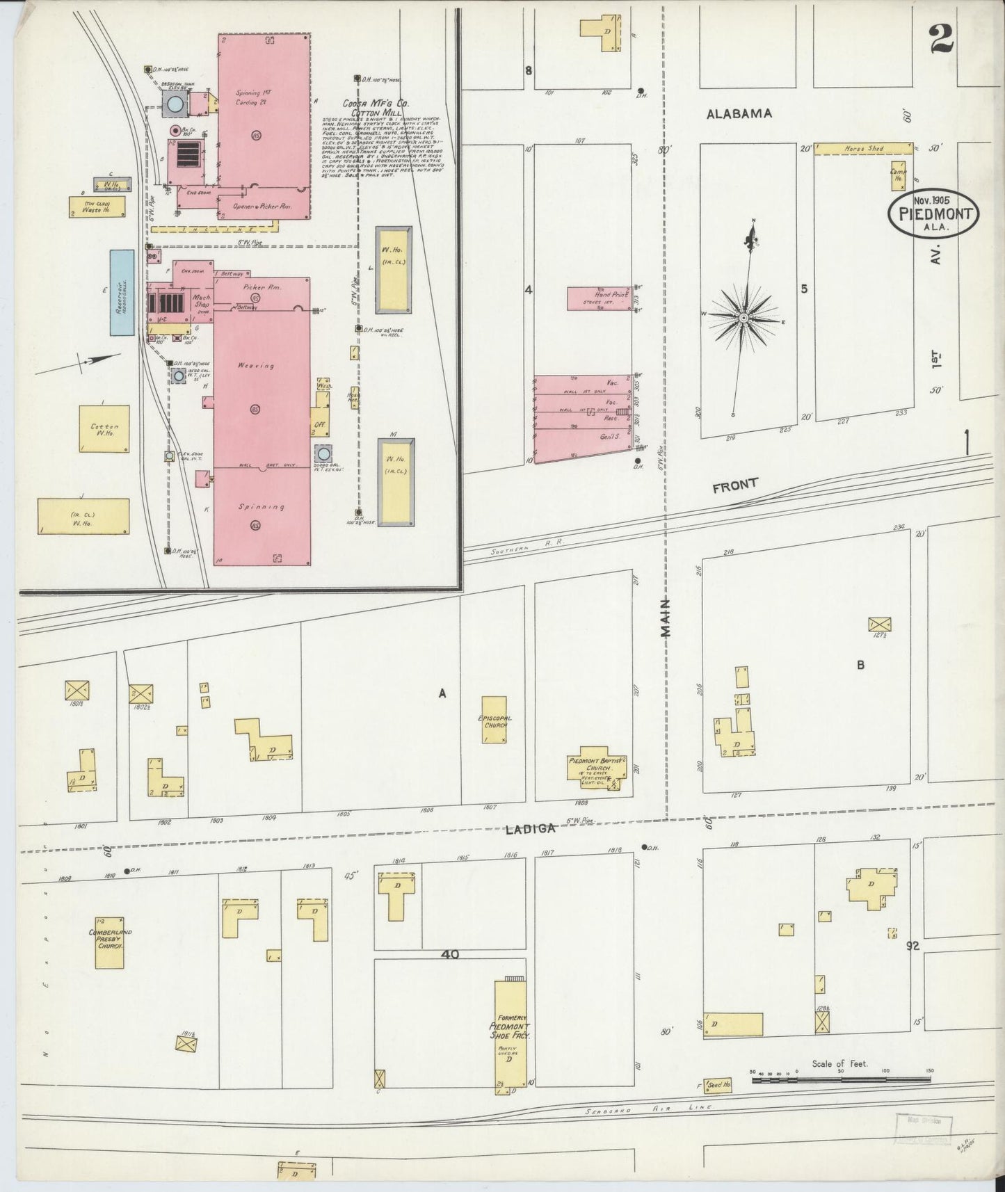 Sanborn Fire Insurance Map from Piedmont, Calhoun County, Alabama (1905), Sheet #0002 - Complete Map Set gallery image, historic Sanborn map, vintage wall art, Alabama Alabama