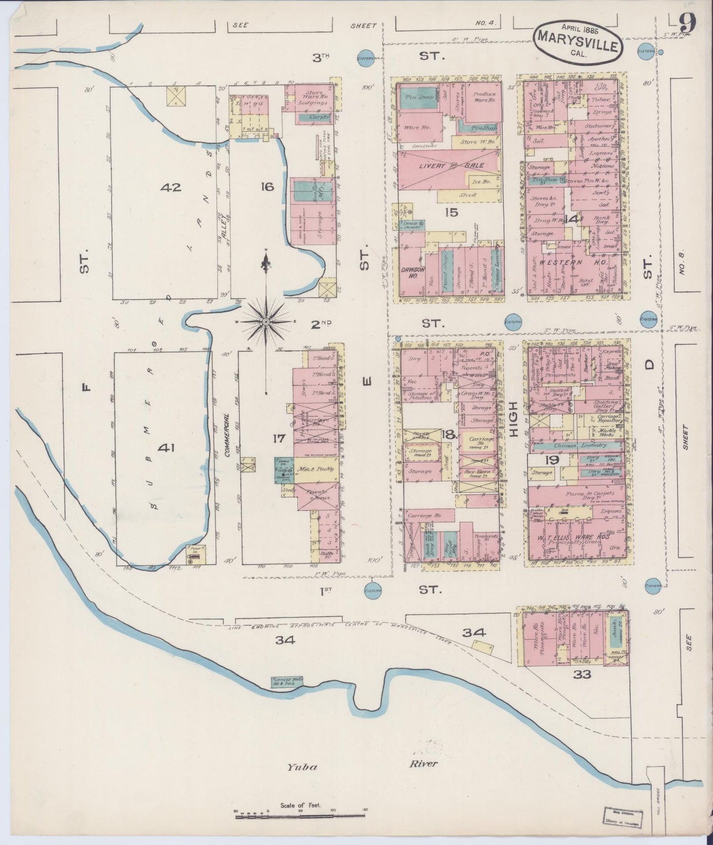 Sanborn Fire Insurance Map from Marysville, Yuba County, California (1885), Sheet #0009 - Historic Sanborn Fire Insurance Map Print, vintage old map wall art, antique decor, genealogy gift, California California map
