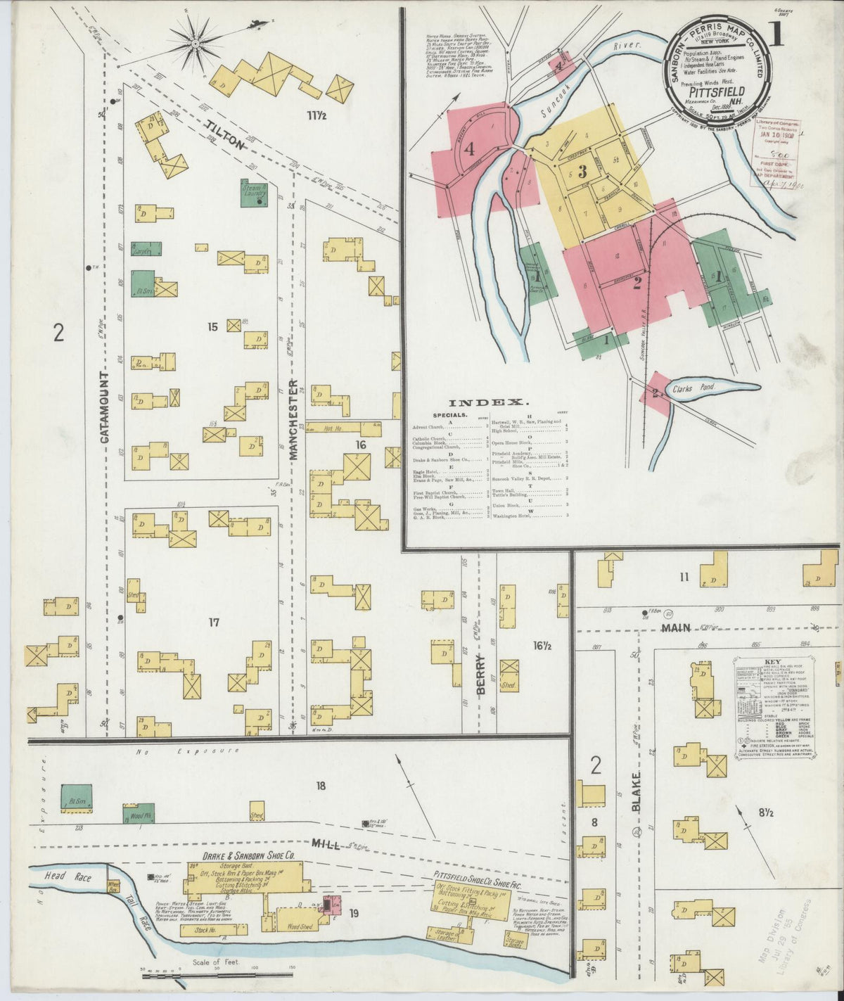 Sanborn Fire Insurance Map from Pittsfield, Merrimack County, New Hampshire (1899), Sheet #0001 - Historic Sanborn Fire Insurance Map Print, vintage old map wall art, antique decor, genealogy gift, New Hampshire New Hampshire map
