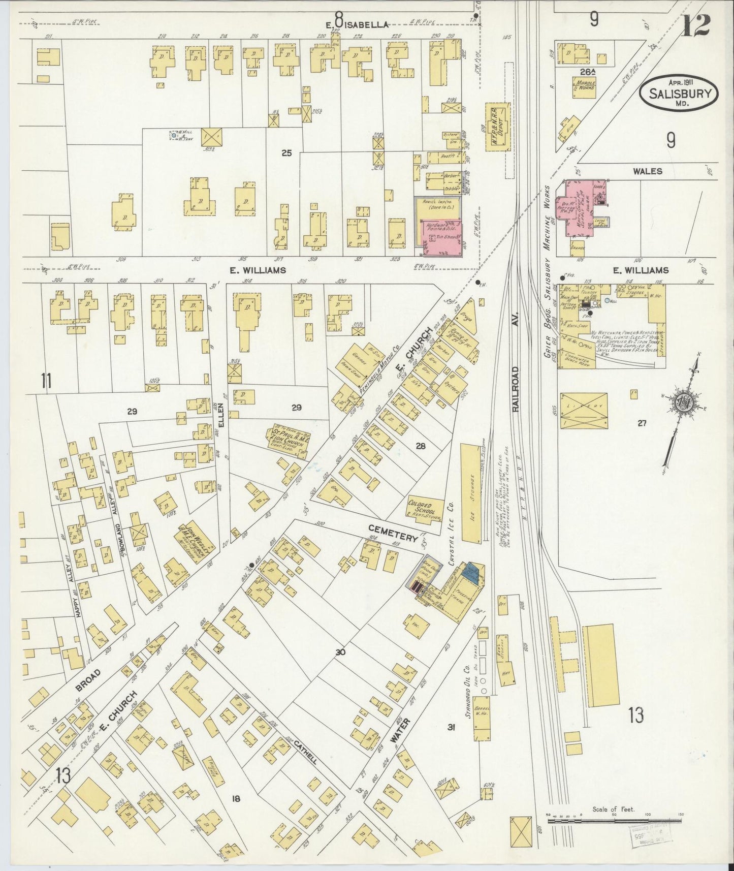 Sanborn Fire Insurance Map from Salisbury, Wicomico County, Maryland (1911), Sheet #0012 - Historic Sanborn Fire Insurance Map Print, vintage old map wall art, antique decor, genealogy gift, Maryland Maryland map