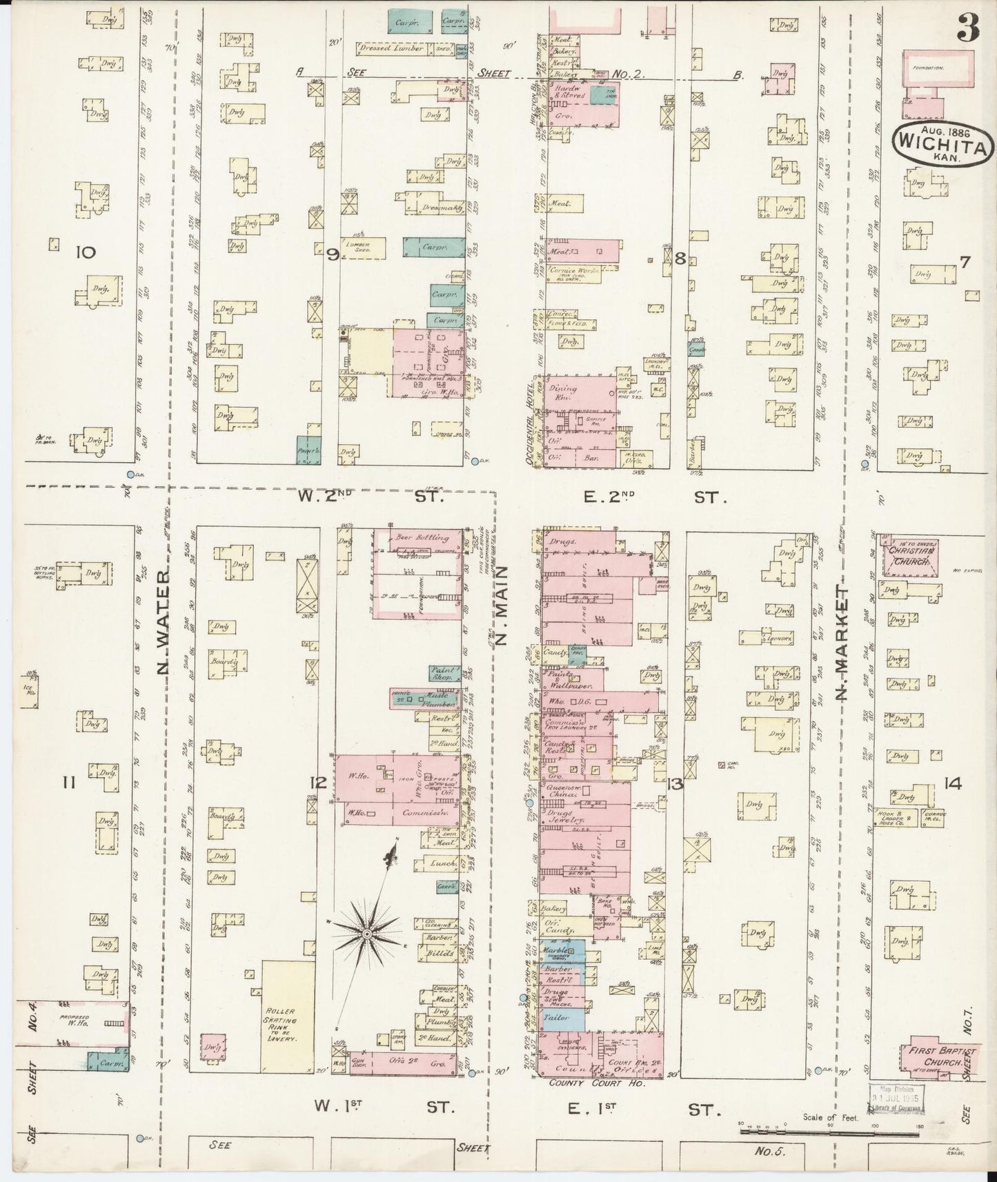 Sanborn Fire Insurance Map from Wichita, Sedgwick County, Kansas (1886), Sheet #0003 - Historic Sanborn Fire Insurance Map Print, vintage old map wall art, antique decor, genealogy gift, Kansas Kansas map