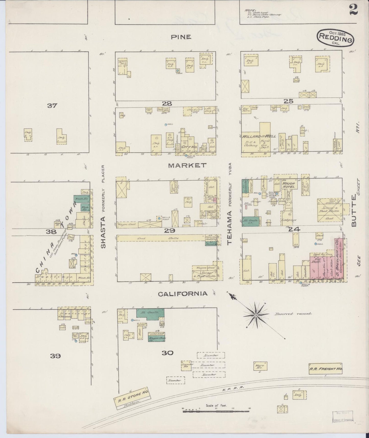 Sanborn Fire Insurance Map from Redding, Shasta County, California (1885), Sheet #0002 - Complete Map Set gallery image, historic Sanborn map, vintage wall art, California California