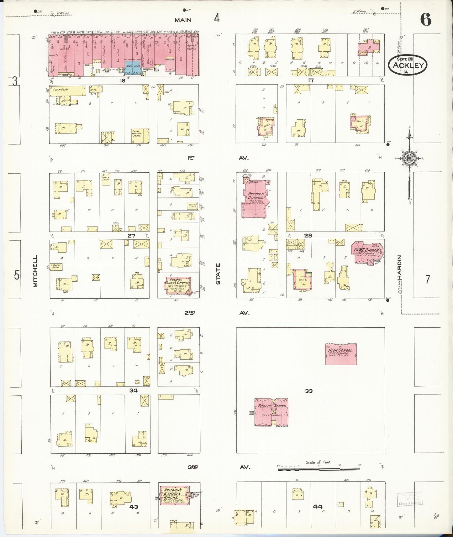 Sanborn Fire Insurance Map from Ackley, Hardin and Franklin Counties, Iowa (1911), Sheet #0006 - Historic Sanborn Fire Insurance Map Print, vintage old map wall art