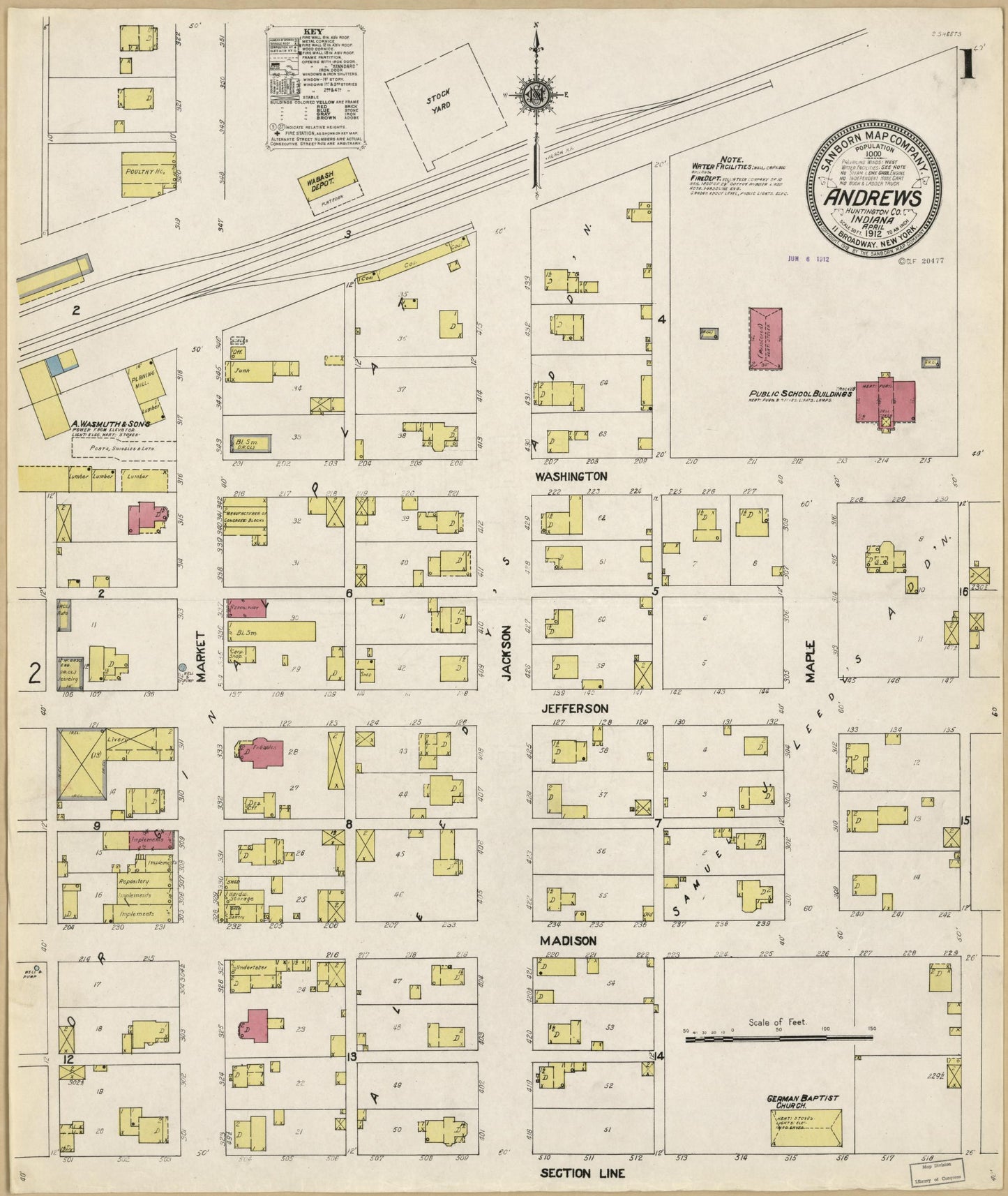 Sanborn Fire Insurance Map from Andrews, Huntington County, Indiana (1912), Sheet #0001 - Historic Sanborn Fire Insurance Map Print, vintage old map wall art, antique decor, genealogy gift, Indiana Indiana map