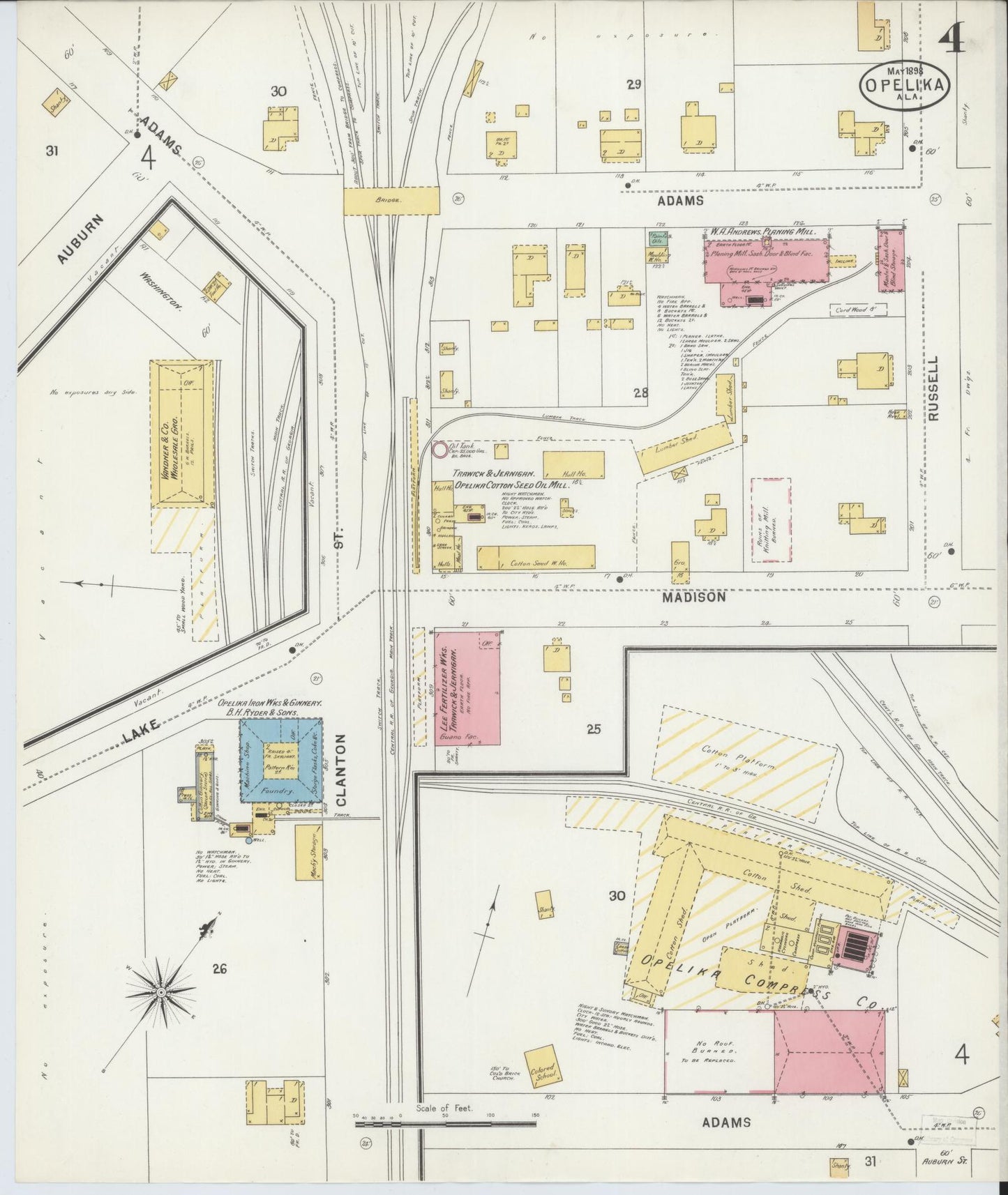 Sanborn Fire Insurance Map from Opelika, Lee County, Alabama (1898), Sheet #0004 - Complete Map Set gallery image, historic Sanborn map, vintage wall art, Alabama Alabama