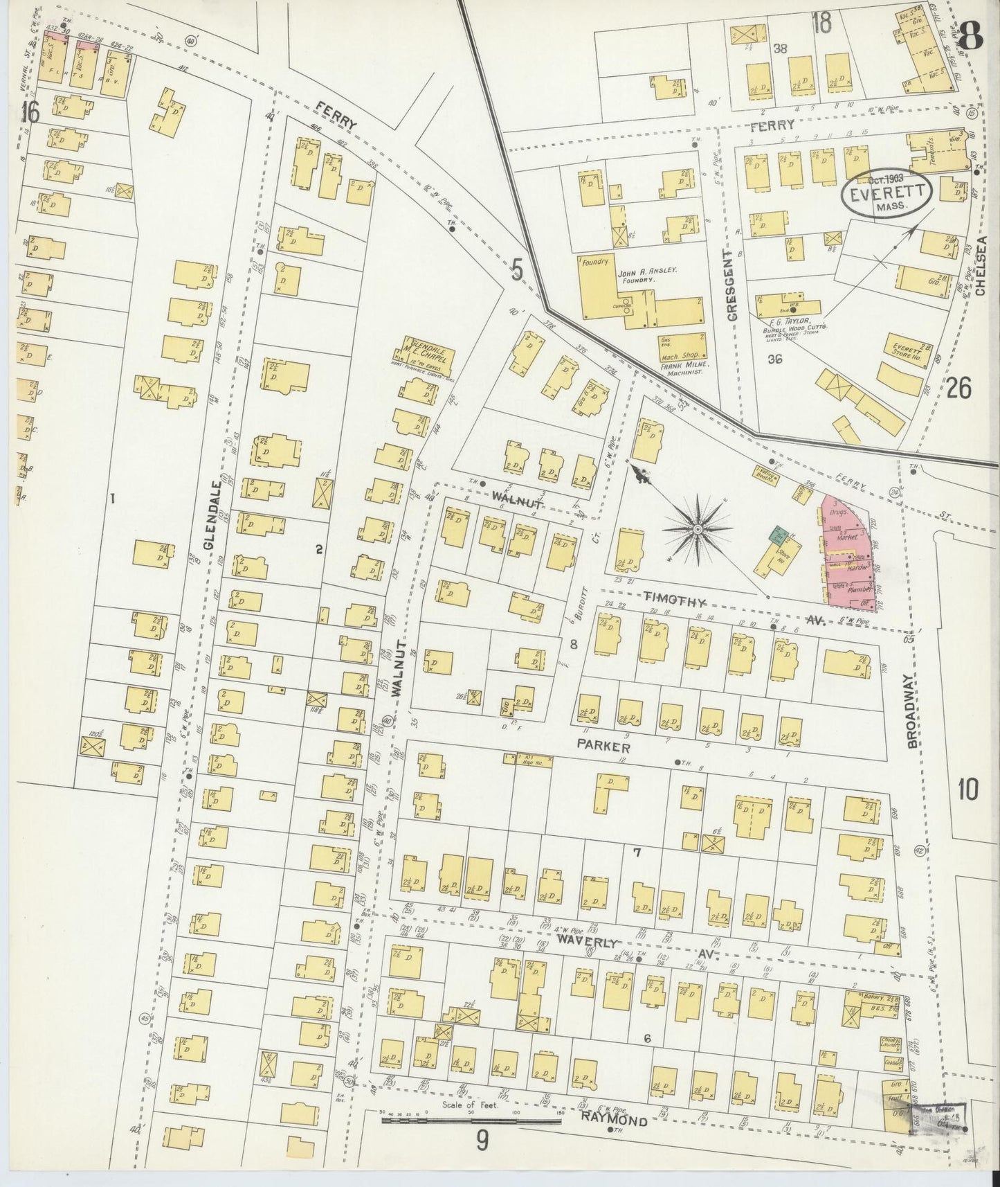 Sanborn Fire Insurance Map from Everett, Middlesex County, Massachusetts (1903), Sheet #0008 - Historic Sanborn Fire Insurance Map Print, vintage old map wall art, antique decor, genealogy gift, Massachusetts Massachusetts map