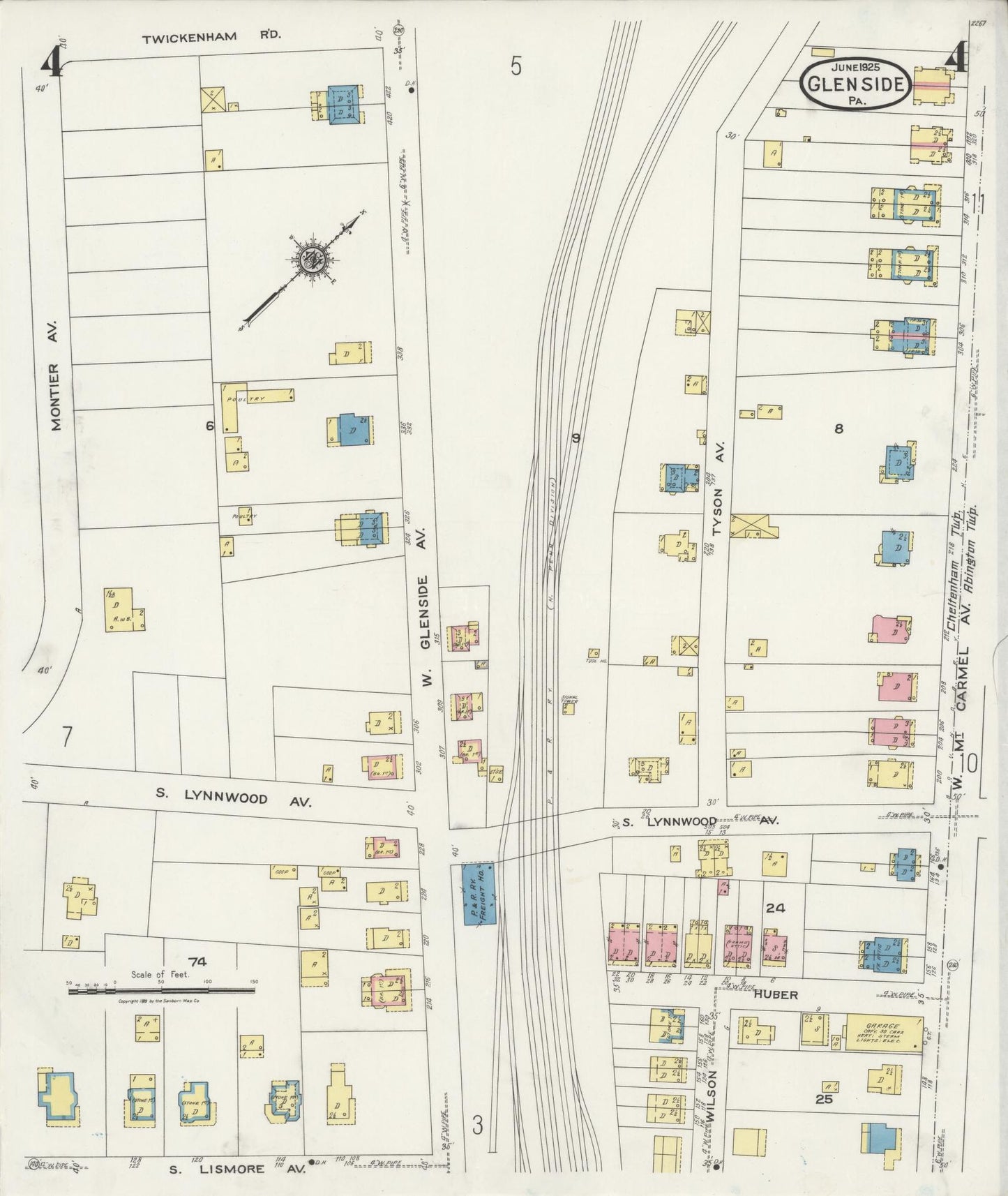 Sanborn Fire Insurance Map from Glenside, Montgomery County, Pennsylvania (1925), Sheet #0004 - Historic Sanborn Fire Insurance Map Print, vintage old map wall art, antique decor, genealogy gift, Pennsylvania Pennsylvania map