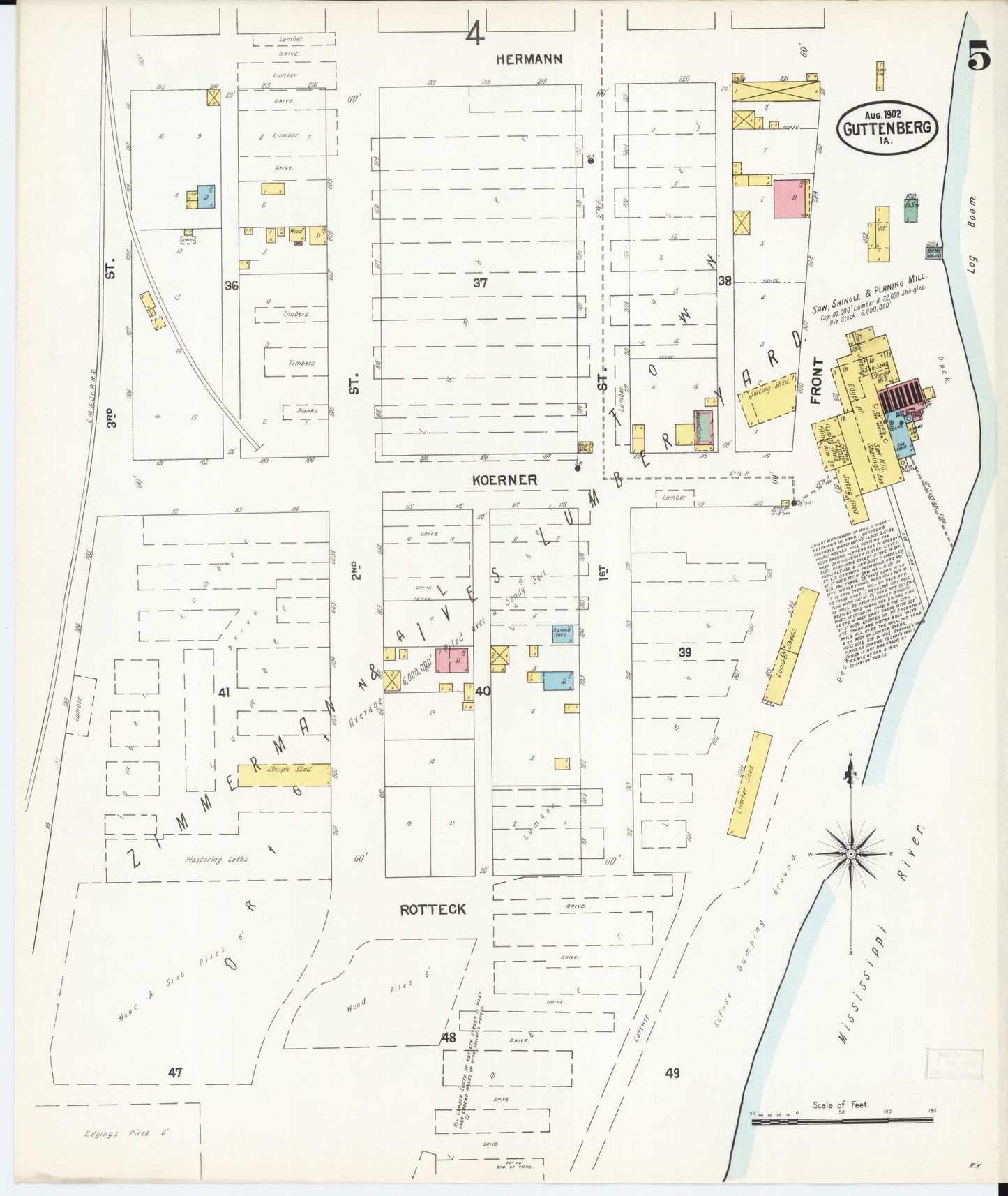 Sanborn Fire Insurance Map from Guttenberg, Clayton County, Iowa (1902), Sheet #0005 - Historic Sanborn Fire Insurance Map Print, vintage old map wall art