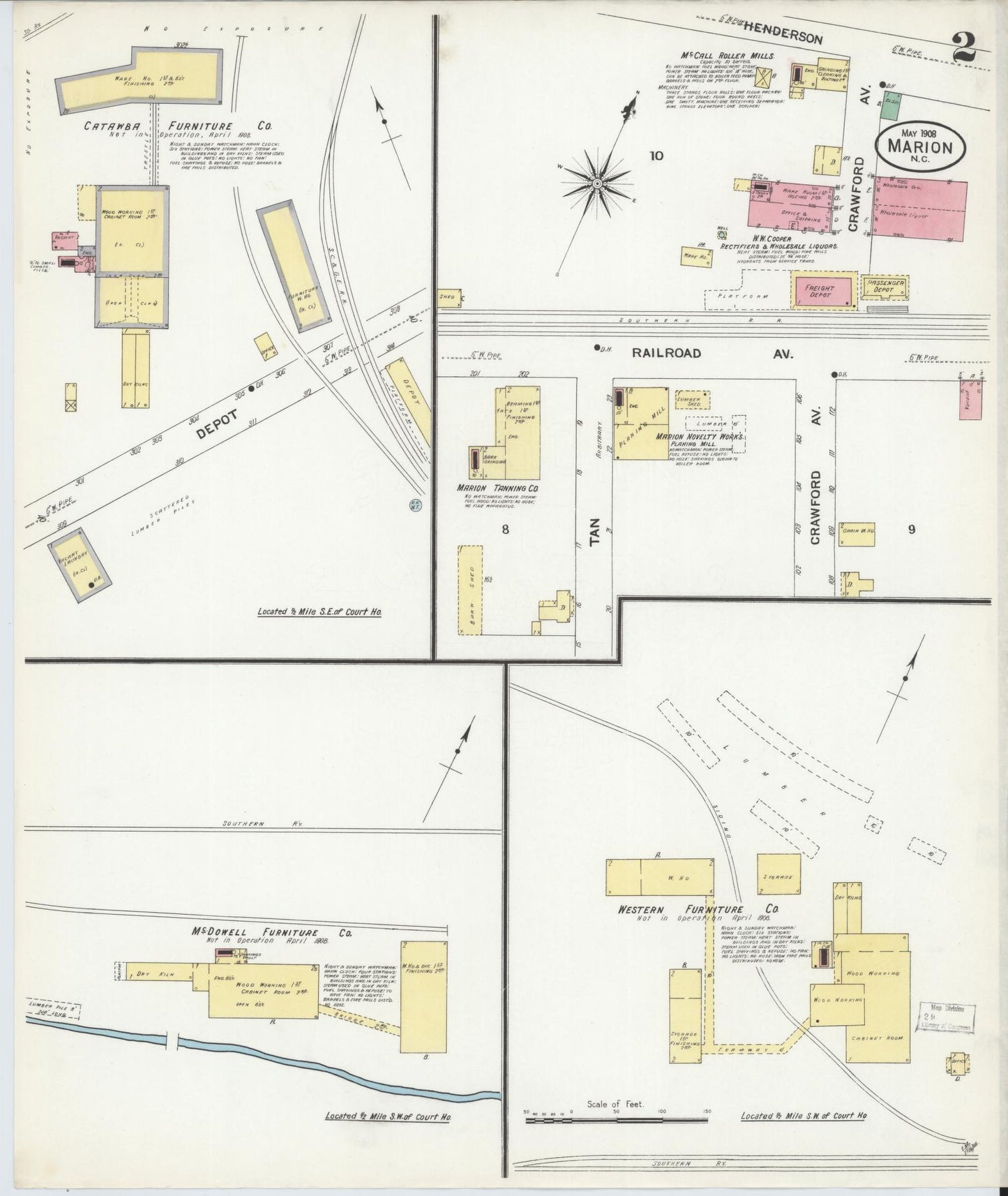 Sanborn Fire Insurance Map from Marion, Mcdowell County, North Carolina (1908), Sheet #0002 - Complete Map Set gallery image, historic Sanborn map, vintage wall art, North Carolina North Carolina