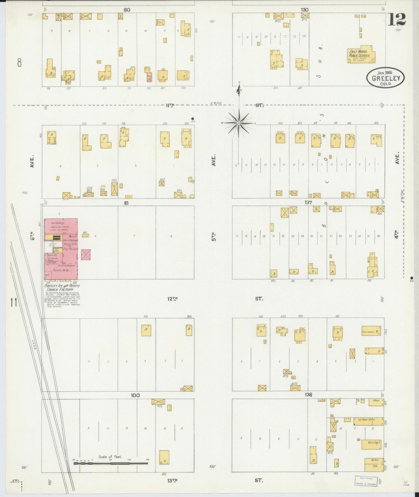 Sanborn Fire Insurance Map from Greeley, Weld County, Colorado (1906), Sheet #0012 - Historic Sanborn Fire Insurance Map Print, vintage old map wall art, antique decor, genealogy gift, Colorado Colorado map