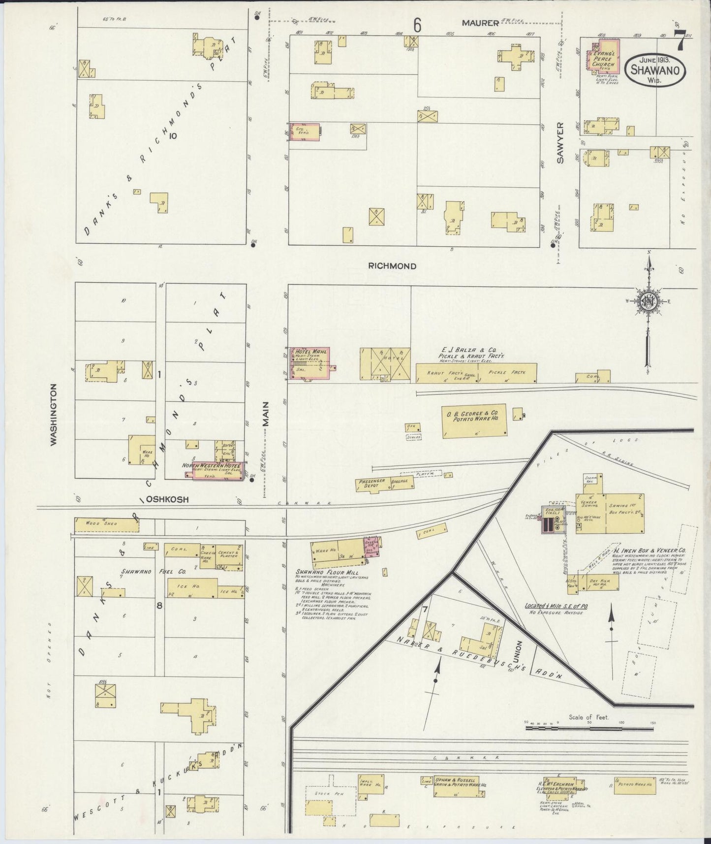 Sanborn Fire Insurance Map from Shawano, Shawano County, Wisconsin (1913), Sheet #0007 - Historic Sanborn Fire Insurance Map Print, vintage old map wall art, antique decor, genealogy gift, Wisconsin Wisconsin map
