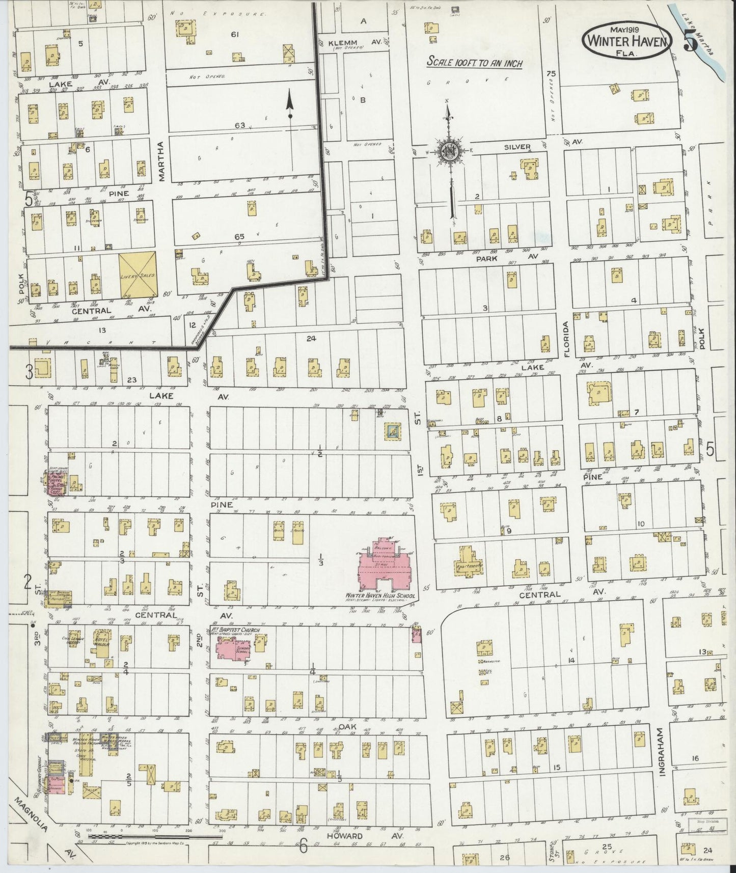 Sanborn Fire Insurance Map from Winter Haven, Polk County, Florida (1919), Sheet #0005 - Historic Sanborn Fire Insurance Map Print, vintage old map wall art, antique decor, genealogy gift, Florida Florida map