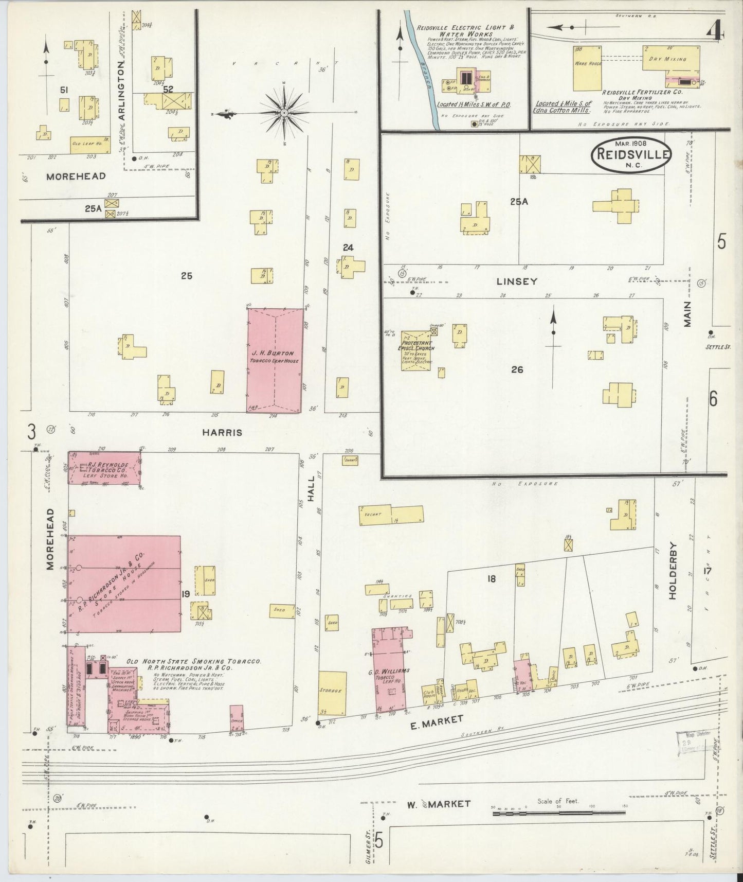 Sanborn Fire Insurance Map from Reidsville, Rockingham County, North Carolina (1908), Sheet #0004 - Historic Sanborn Fire Insurance Map Print, vintage old map wall art, antique decor, genealogy gift, North Carolina North Carolina map
