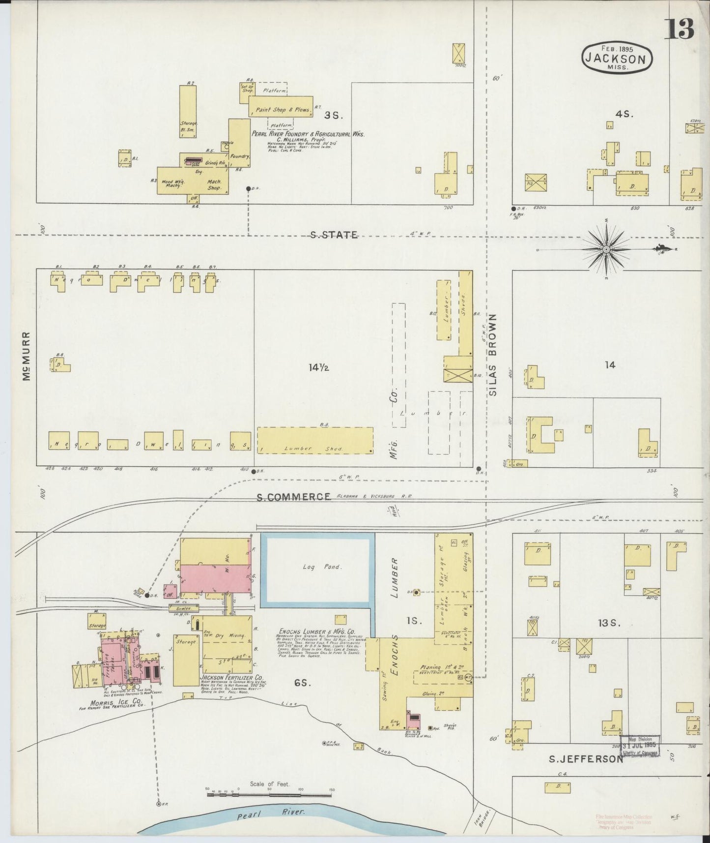 Sanborn Fire Insurance Map from Jackson, Hinds County, Mississippi (1895), Sheet #0013 - Historic Sanborn Fire Insurance Map Print, vintage old map wall art, antique decor, genealogy gift, Mississippi Mississippi map