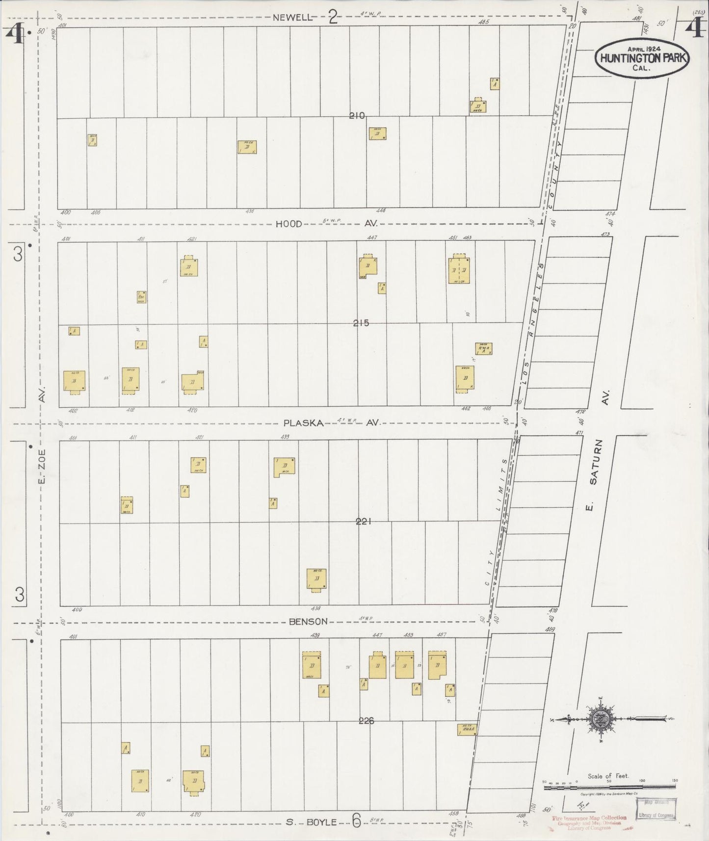 Sanborn Fire Insurance Map from Huntington Park, Los Angeles County, California (1924), Sheet #0004 - Historic Sanborn Fire Insurance Map Print, vintage old map wall art, antique decor, genealogy gift, California California map