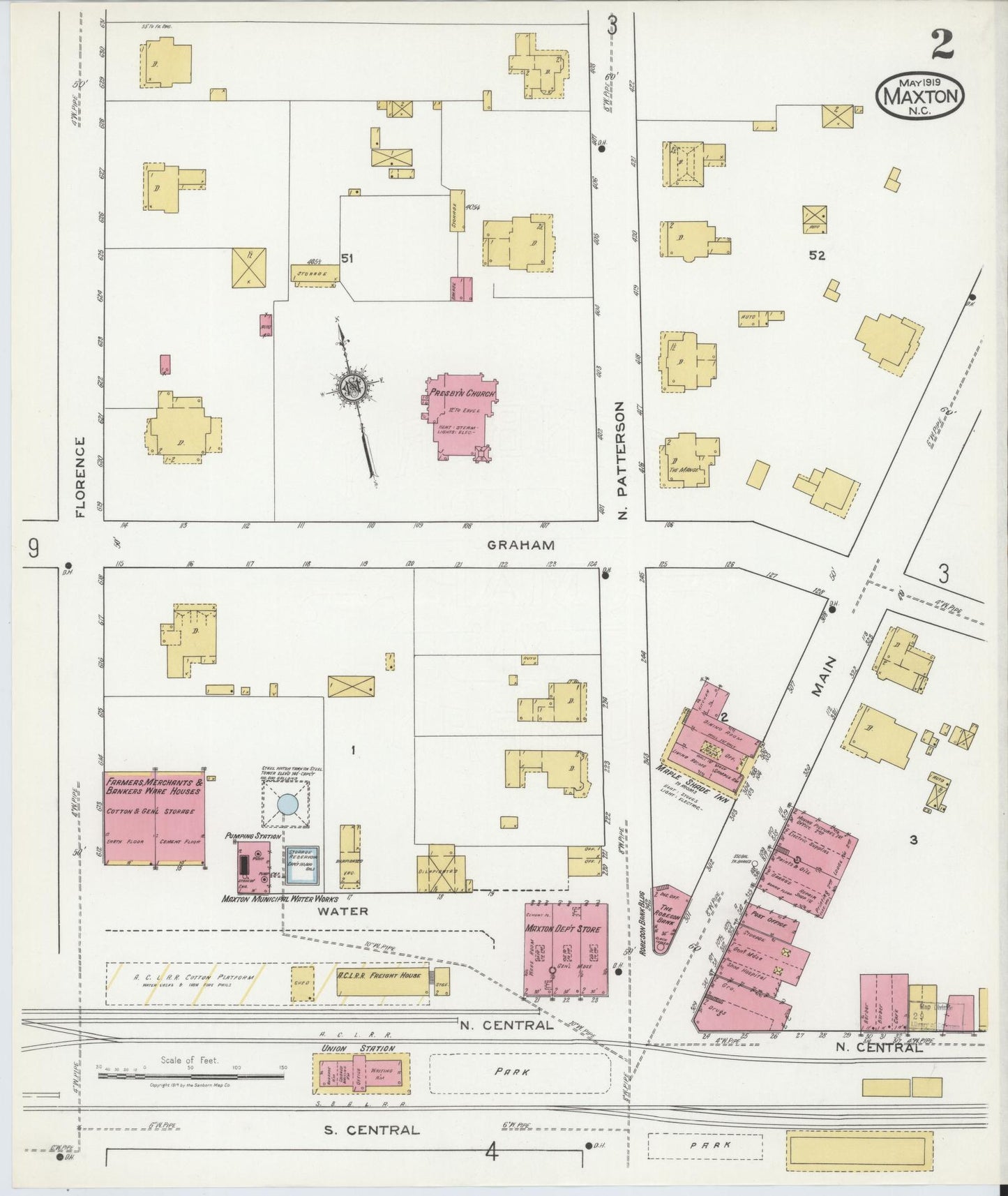 Sanborn Fire Insurance Map from Maxton, Robeson County, North Carolina (1919), Sheet #0002 - Historic Sanborn Fire Insurance Map Print, vintage old map wall art, antique decor, genealogy gift, North Carolina North Carolina map