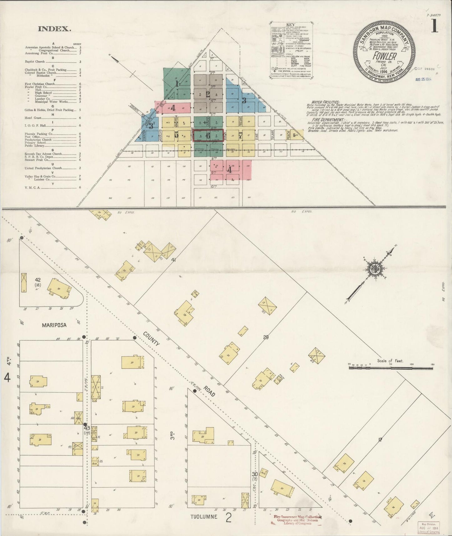 Sanborn Fire Insurance Map from Fowler, Fresno County, California (1914), Sheet #0001 - Historic Sanborn Fire Insurance Map Print, vintage old map wall art, antique decor, genealogy gift, California California map
