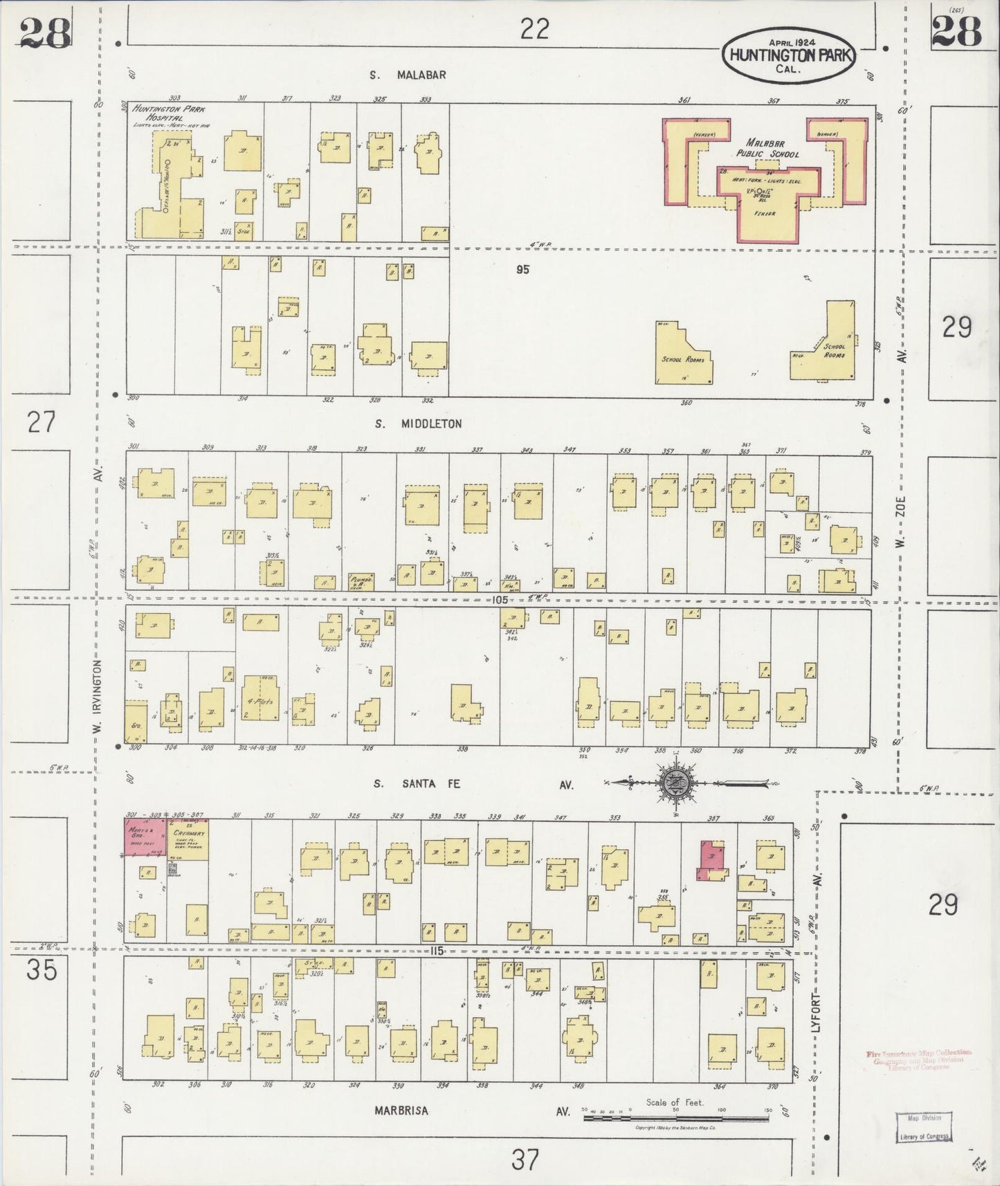 Sanborn Fire Insurance Map from Huntington Park, Los Angeles County, California (1924), Sheet #0028 - Historic Sanborn Fire Insurance Map Print, vintage old map wall art, antique decor, genealogy gift, California California map