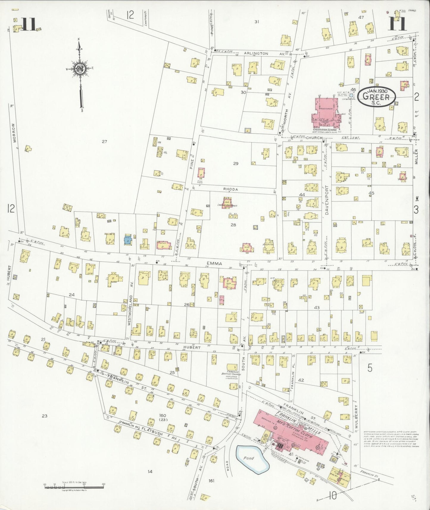 Sanborn Fire Insurance Map from Greer, Greenville and Spartanburg Counties, South Carolina (1930), Sheet #0011 - Historic Sanborn Fire Insurance Map Print, vintage old map wall art, antique decor, genealogy gift, South Carolina South Carolina map