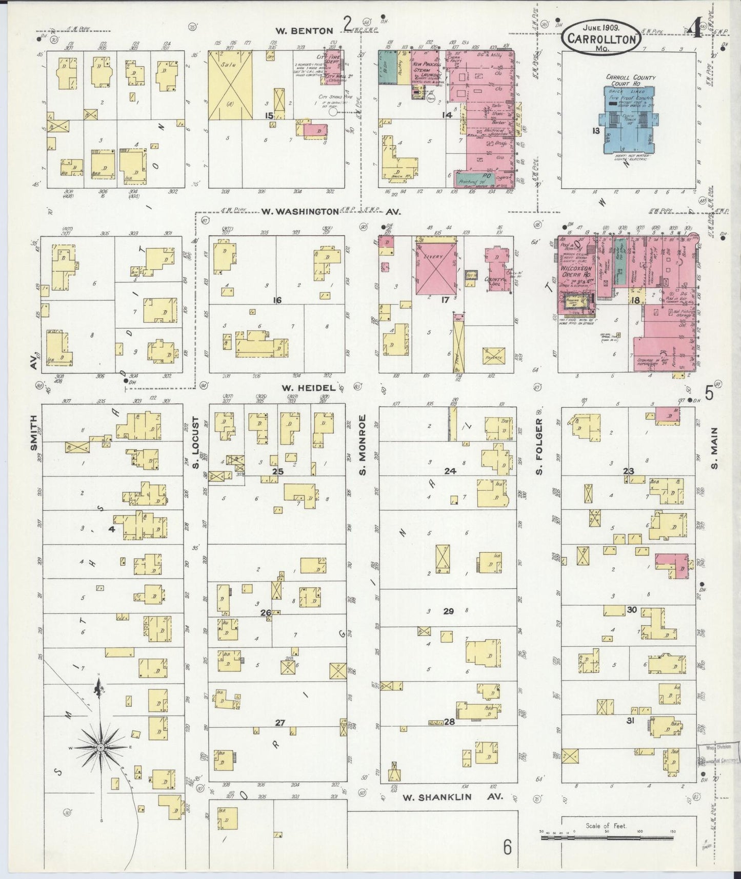 Sanborn Fire Insurance Map from Carrollton, Carroll County, Missouri (1909), Sheet #0004 - Historic Sanborn Fire Insurance Map Print, vintage old map wall art, antique decor, genealogy gift, Missouri Missouri map