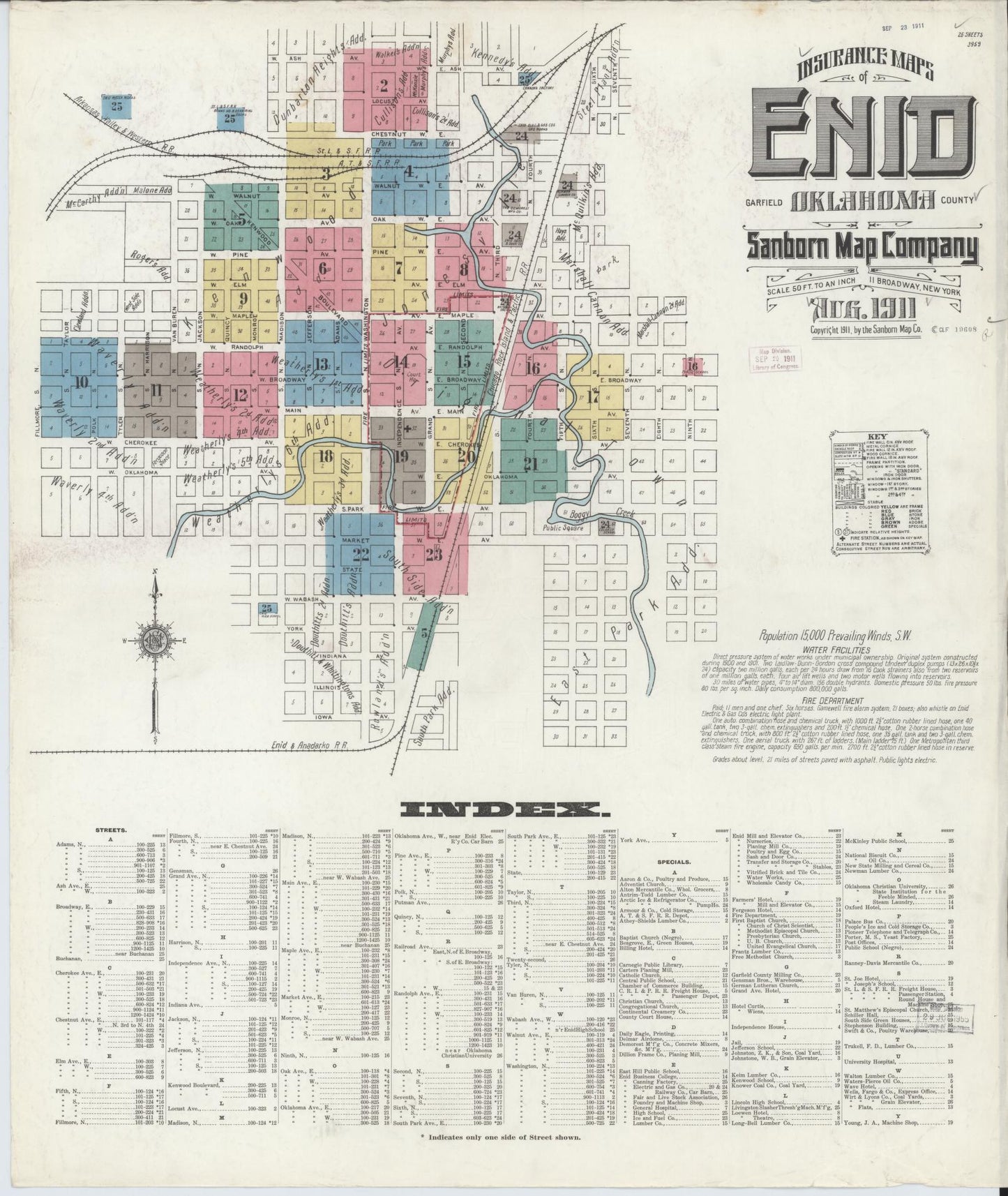 Sanborn Fire Insurance Map from Enid, Garfield County, Oklahoma (1911), Sheet #0001 - Historic Sanborn Fire Insurance Map Print, vintage old map wall art, antique decor, genealogy gift, Oklahoma Oklahoma map