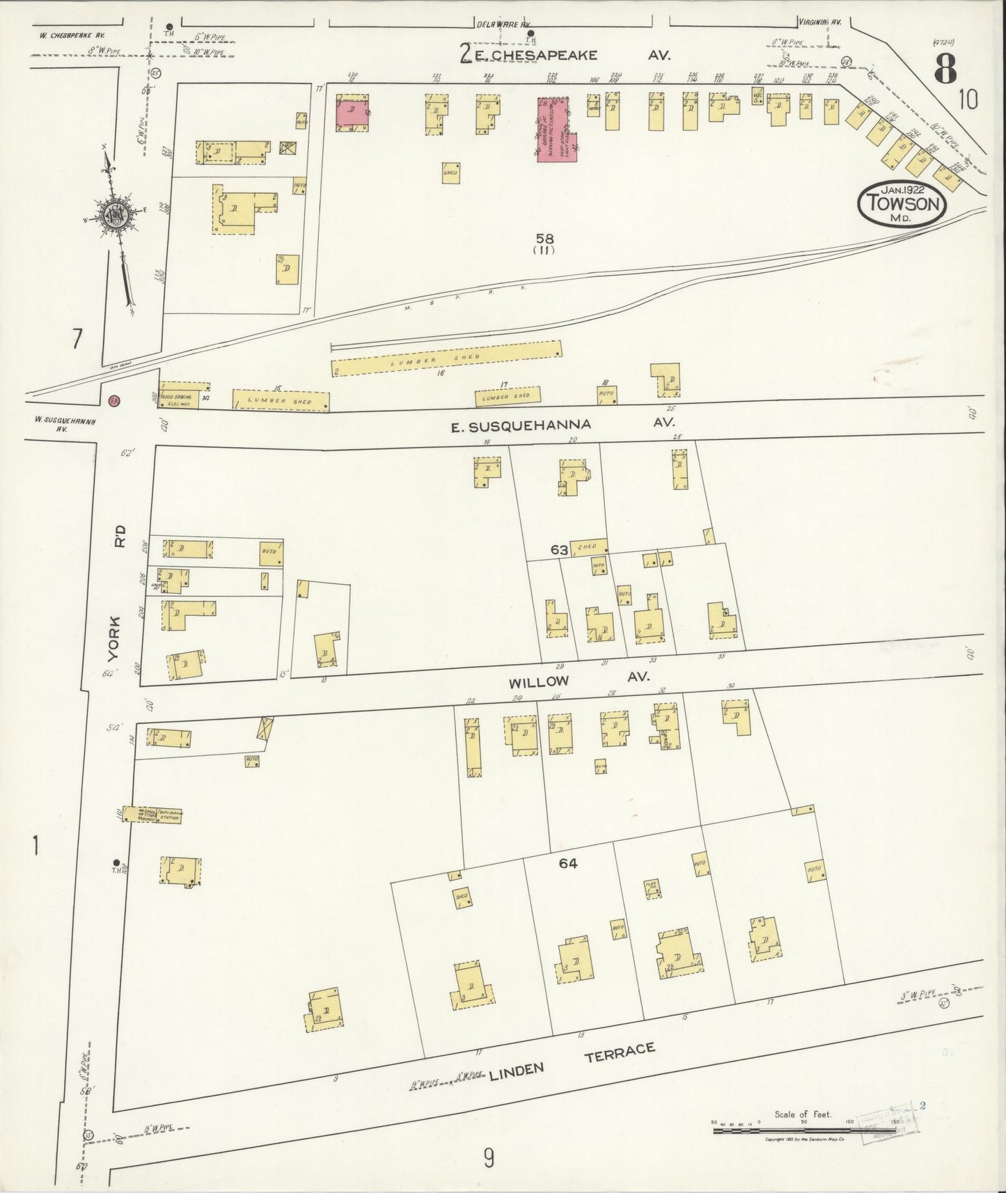 Sanborn Fire Insurance Map from Towson, Baltimore County, Maryland (1922), Sheet #0008 - Historic Sanborn Fire Insurance Map Print, vintage old map wall art, antique decor, genealogy gift, Maryland Maryland map