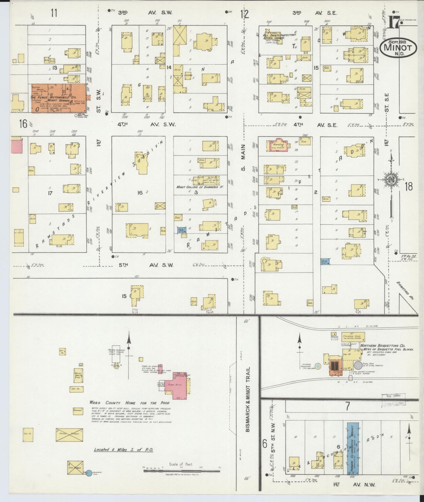 Sanborn Fire Insurance Map from Minot, Ward County, North Dakota (1918), Sheet #0017 - Historic Sanborn Fire Insurance Map Print, vintage old map wall art, antique decor, genealogy gift, North Dakota North Dakota map