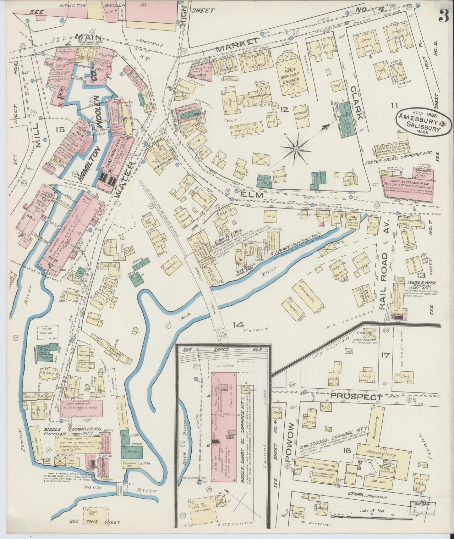 Sanborn Fire Insurance Map from Amesbury, Essex County, Massachusetts (1885), Sheet #0003 - Historic Sanborn Fire Insurance Map Print, vintage old map wall art, antique decor, genealogy gift, Massachusetts Massachusetts map