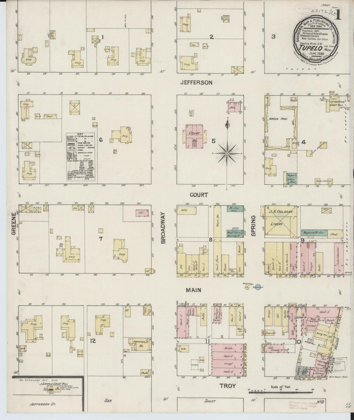 Sanborn Fire Insurance Map from Tupelo, Lee County, Mississippi (1889), Sheet #0001 - Historic Sanborn Fire Insurance Map Print, vintage old map wall art, antique decor, genealogy gift, Mississippi Mississippi map