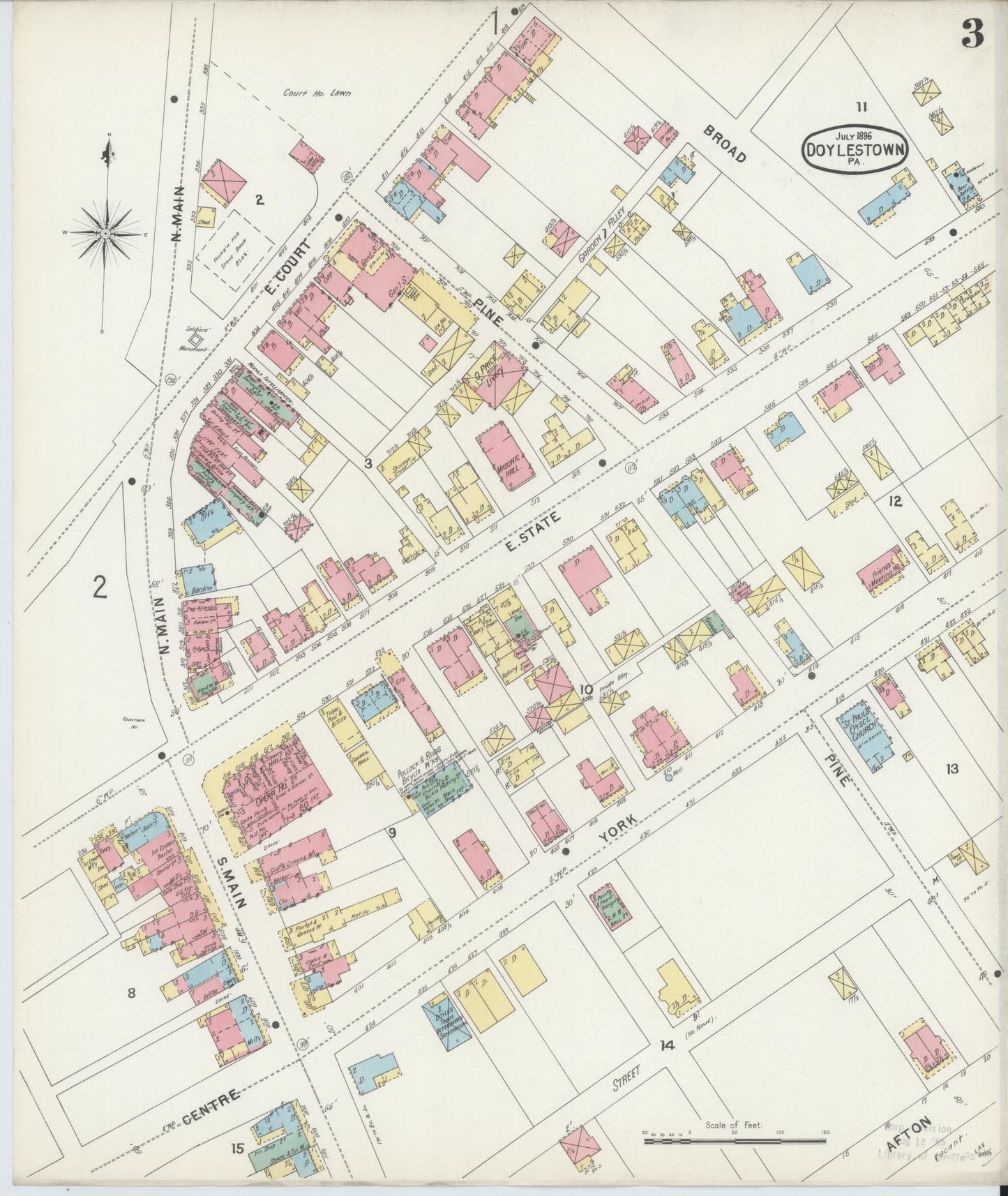 Sanborn Fire Insurance Map from Doylestown, Bucks County, Pennsylvania (1896), Sheet #0003 - Historic Sanborn Fire Insurance Map Print, vintage old map wall art, antique decor, genealogy gift, Pennsylvania Pennsylvania map