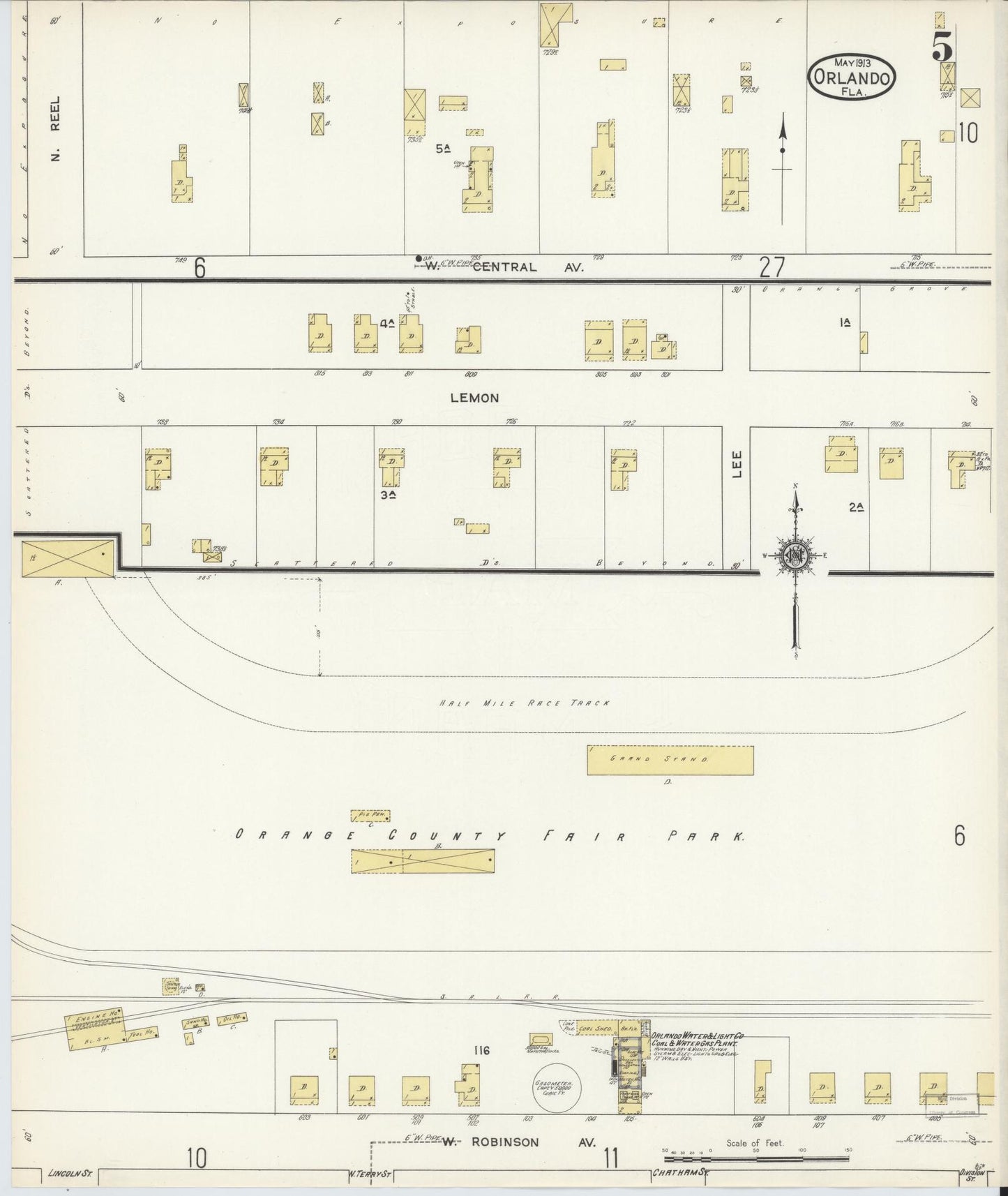 Sanborn Fire Insurance Map from Orlando, Orange County, Florida (1913), Sheet #0005 - Historic Sanborn Fire Insurance Map Print, vintage old map wall art, antique decor, genealogy gift, Florida Florida map