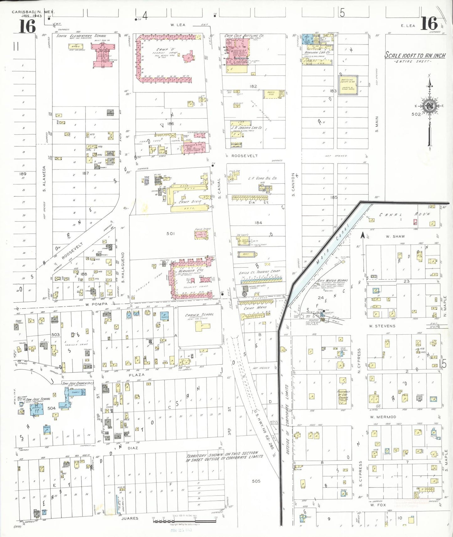 Sanborn Fire Insurance Map from Carlsbad, Eddy County, New Mexico (1943), Sheet #0016 - Complete Map Set gallery image, historic Sanborn map, vintage wall art, New Mexico New Mexico