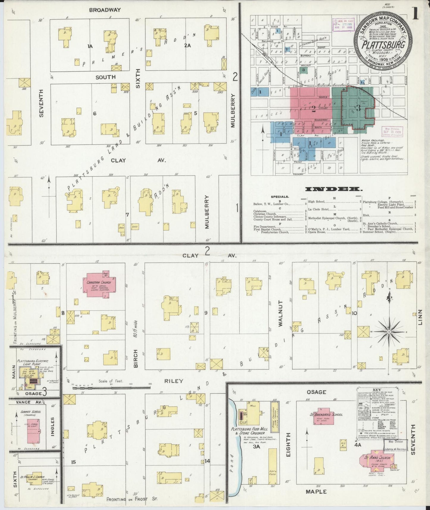 Sanborn Fire Insurance Map from Plattsburg, Clinton County, Missouri (1909), Sheet #0001 - Historic Sanborn Fire Insurance Map Print, vintage old map wall art, antique decor, genealogy gift, Missouri Missouri map