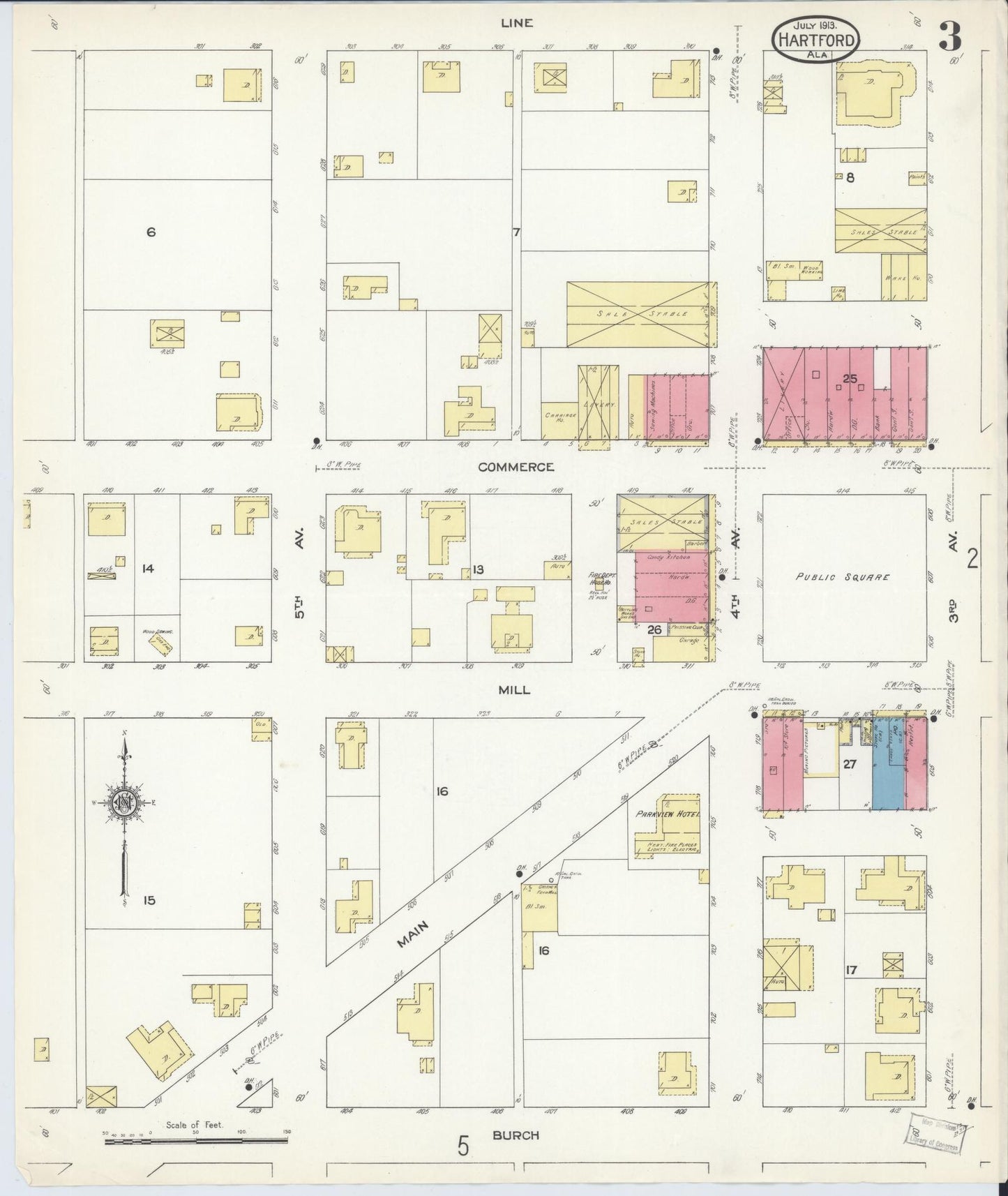 Sanborn Fire Insurance Map from Hartford, Geneva County, Alabama (1913), Sheet #0003 - Historic Sanborn Fire Insurance Map Print, vintage old map wall art, antique decor, genealogy gift, Alabama Alabama map