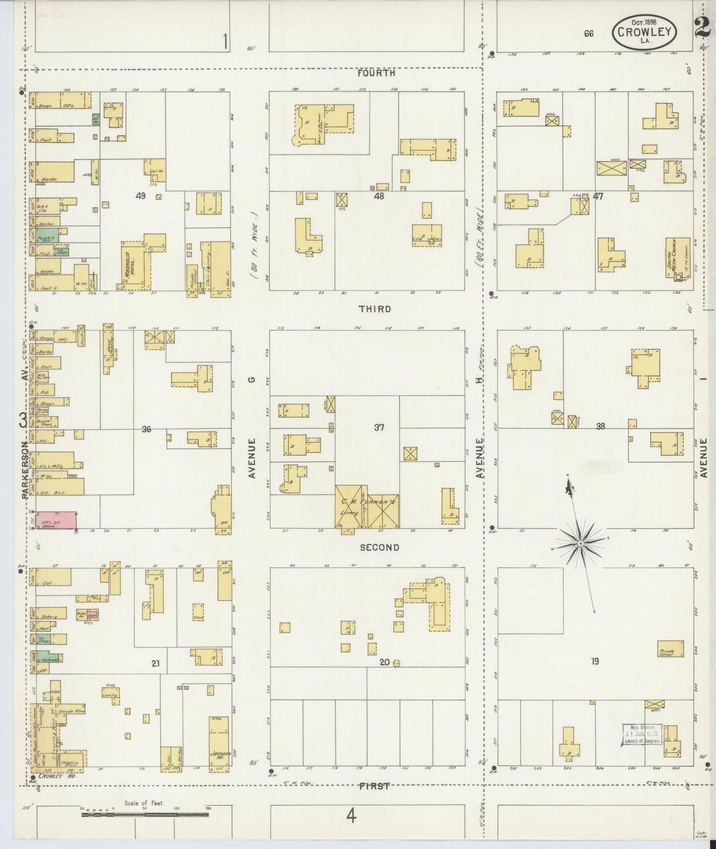 Sanborn Fire Insurance Map from Crowley, Acadia Parish, Louisiana (1898), Sheet #0002 - Historic Sanborn Fire Insurance Map Print, vintage old map wall art, antique decor, genealogy gift, Louisiana Louisiana map