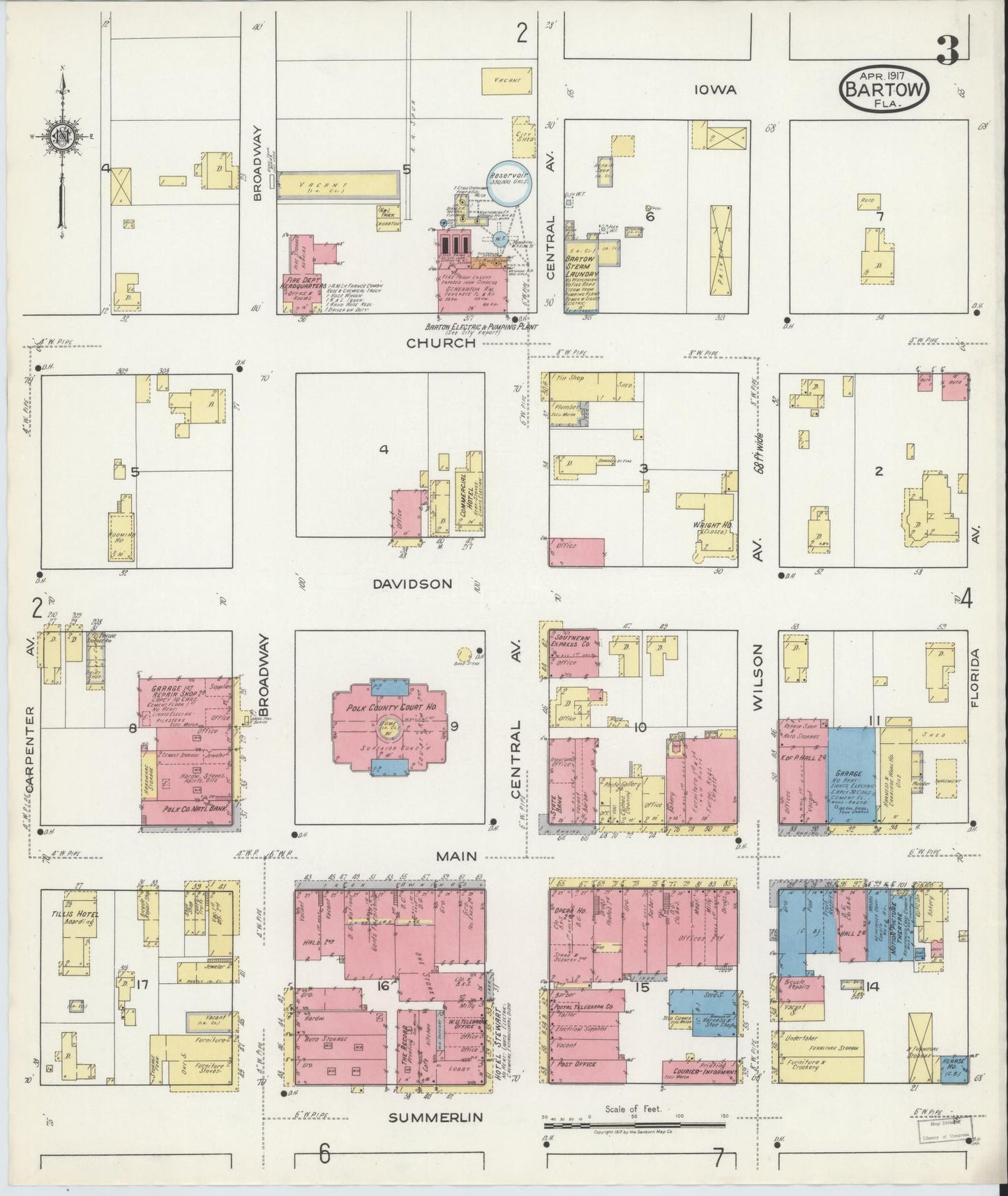 Sanborn Fire Insurance Map from Bartow, Polk County, Florida (1917), Sheet #0003 - Historic Sanborn Fire Insurance Map Print, vintage old map wall art, antique decor, genealogy gift, Florida Florida map