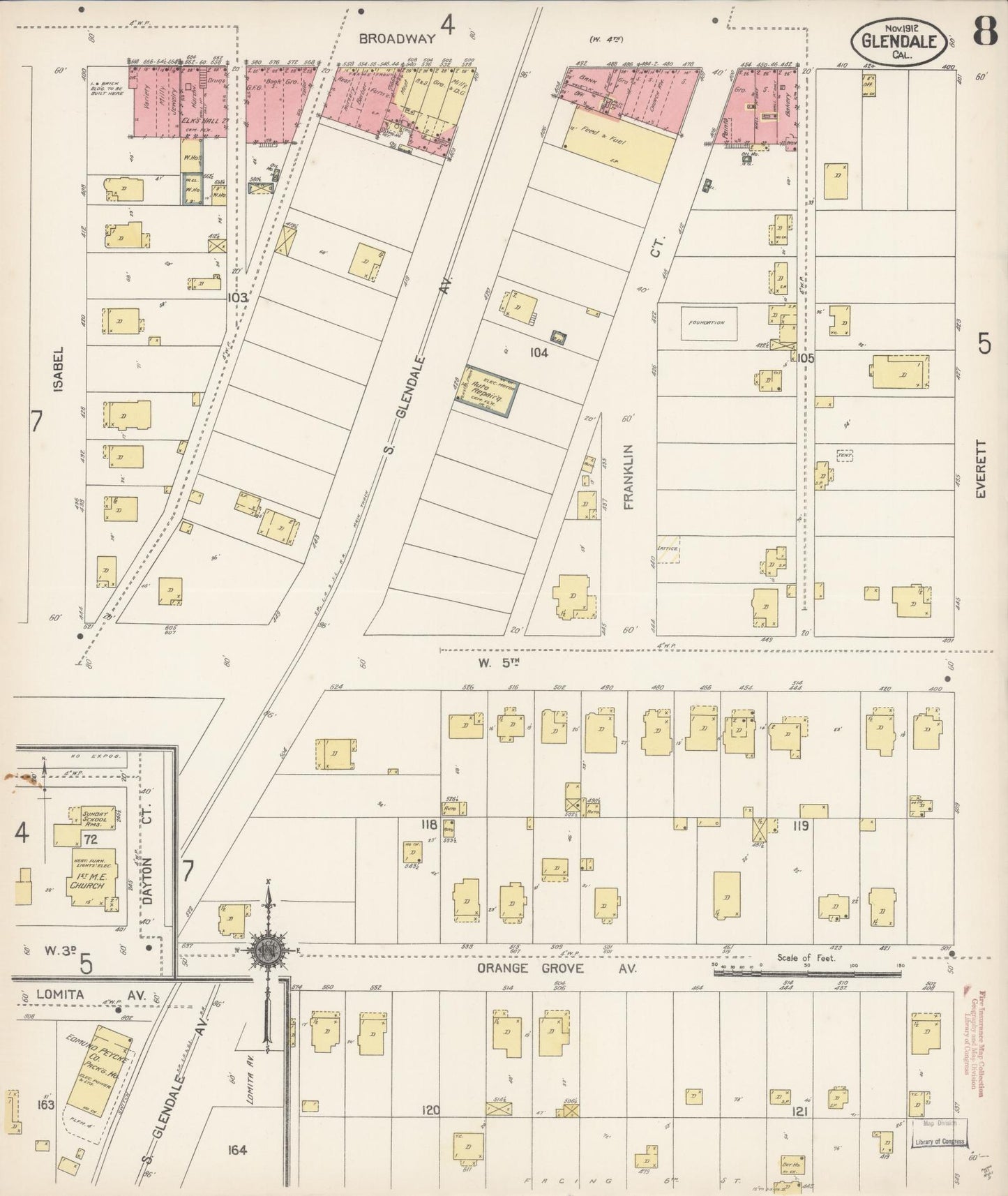 Sanborn Fire Insurance Map from Glendale, Los Angeles County, California (1912), Sheet #0008 - Historic Sanborn Fire Insurance Map Print, vintage old map wall art, antique decor, genealogy gift, California California map
