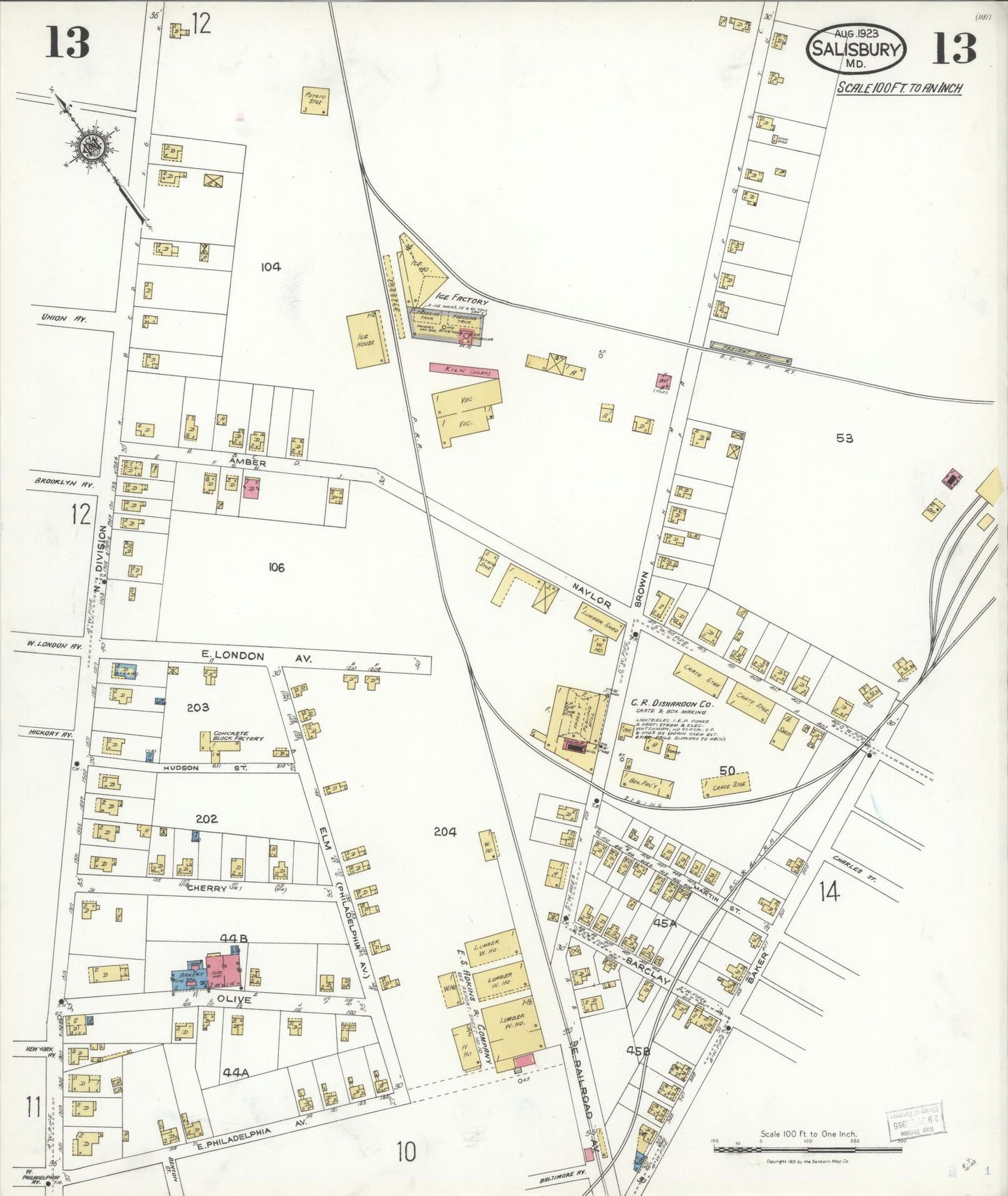 Sanborn Fire Insurance Map from Salisbury, Wicomico County, Maryland (1923), Sheet #0013 - Historic Sanborn Fire Insurance Map Print, vintage old map wall art