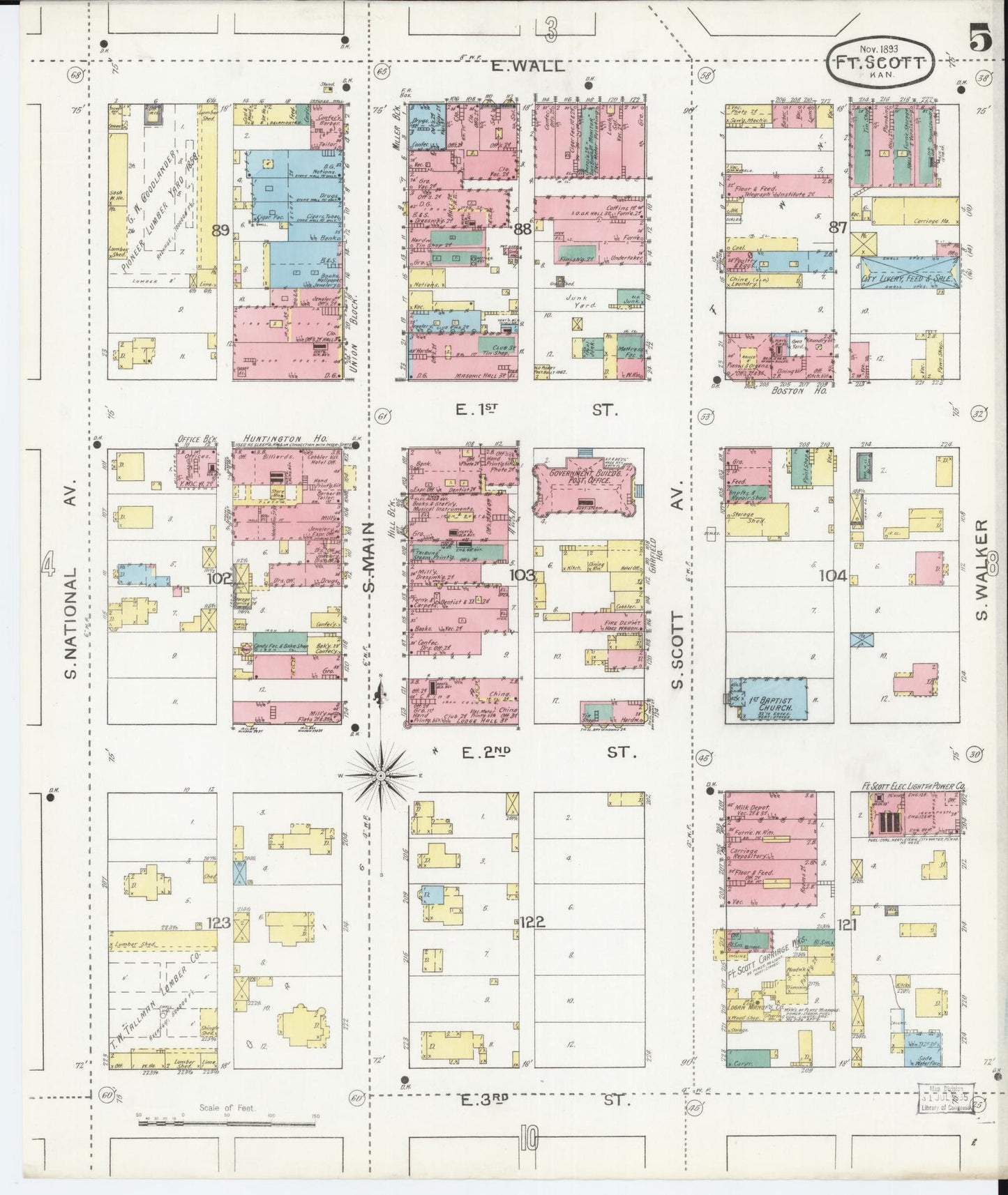 Sanborn Fire Insurance Map from Fort Scott, Bourbon County, Kansas (1893), Sheet #0005 - Historic Sanborn Fire Insurance Map Print, vintage old map wall art, antique decor, genealogy gift, Kansas Kansas map
